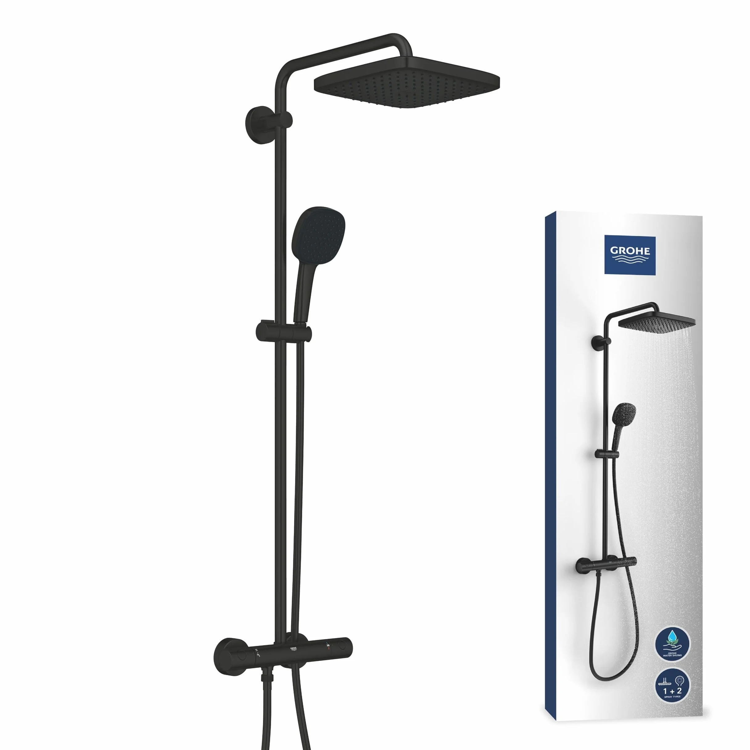 Grohe GROHE Vitalio Comfort 250 Kolumna prysznicowa z termostatycznym akumulatorem, prysznic z kwadratową głowicą 25 cm, 1 strumień, kwadratowy prysznic 11 cm 2 strumienie, elastyczny 1,75 m, oszczędność