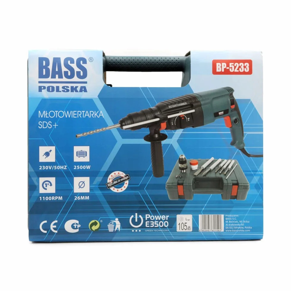 BASS młot udarowo-obrotowy z zestawem wierteł i dłuto SDS plus 2400 W