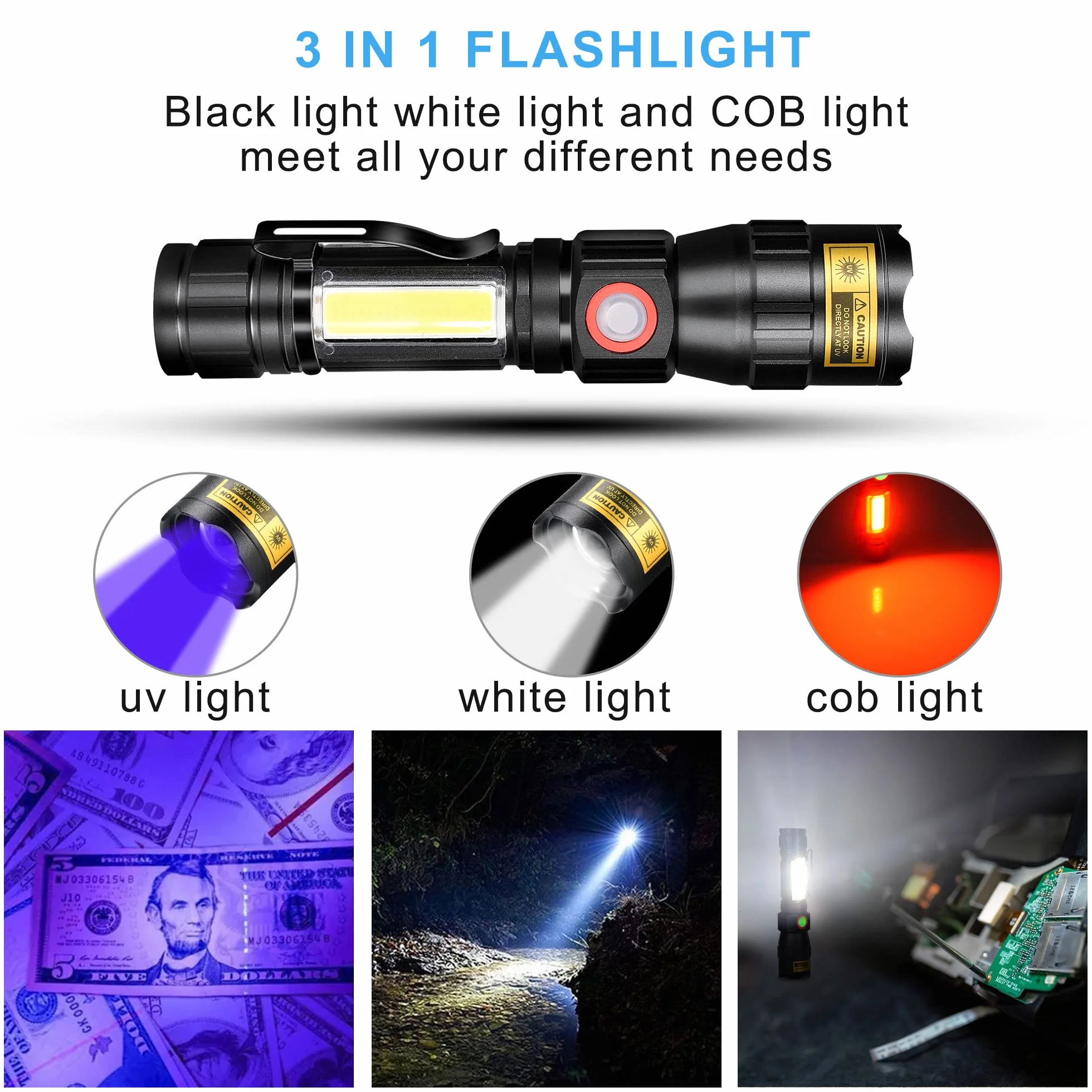 DARKBEAM Latarka UV 365 nm czarne światło USB do ładowania, 7 trybów, LED czerwone światło regulowana przenośna na kemping, wykrywacz moczu zwierząt domowych, utwardzanie żywicy, magnetyczna podstawa