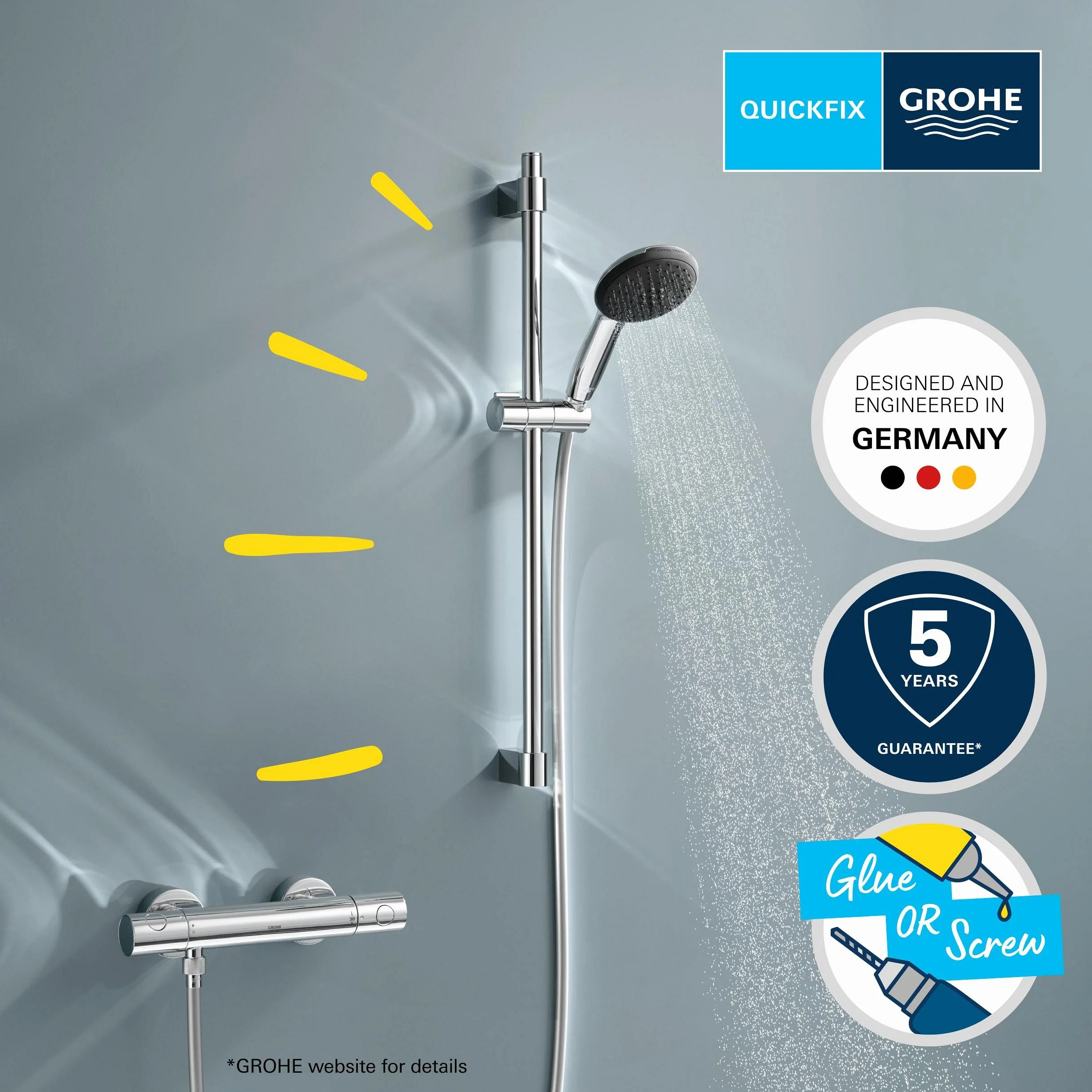 GROHE Precision Get 34856000 zestaw prysznicowy z termostatem oszczędzający wodę – 9 l na min (1 rodzaj strumienia, blokada bezpieczeństwa przy 38 C, drążek prysznicowy 60 cm, w zestawie z narzędziami