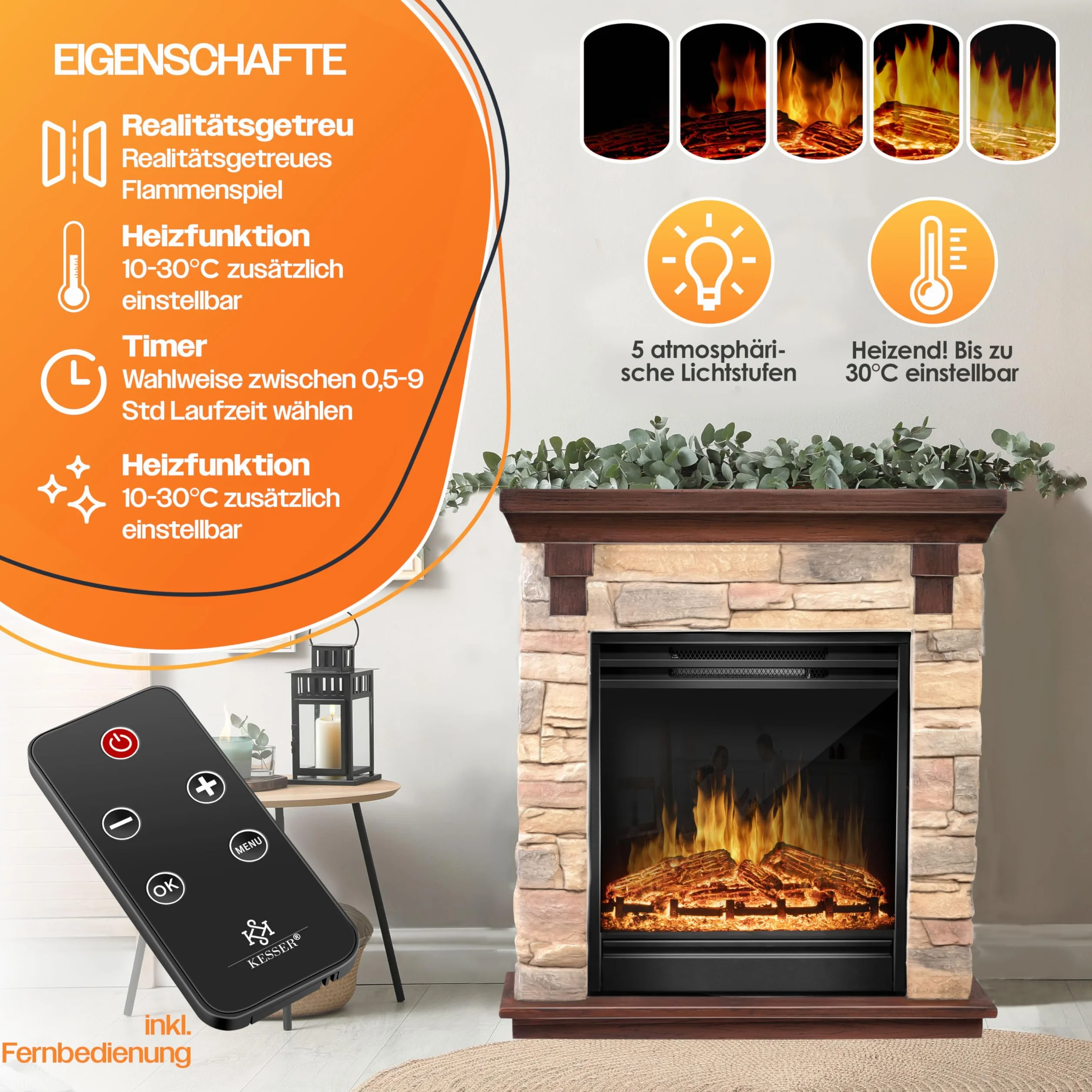 KESSER® Kominek elektryczny, stojący, z efektem płomienia LED 3D, z funkcją ogrzewania, przyciemniania, kominek elektryczny o mocy 1800 W, timer, termostat, pilot zdalnego sterowania, naturalny/ brąz