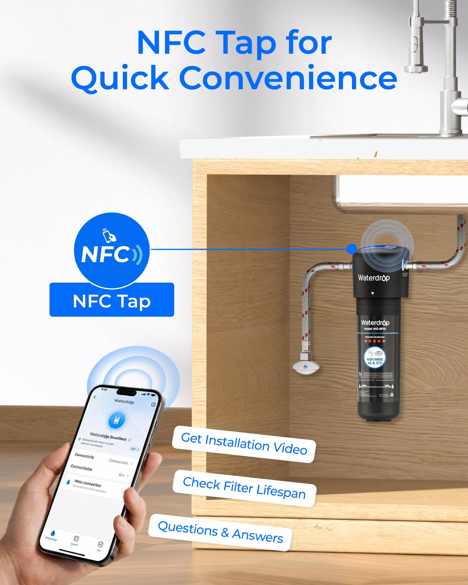 Waterdrop 10UA Podblatowy System Filtrów do Wody, Bezpośrednie Podłączenie do Baterii Kuchennej, Wysoka Wydajność Redukcji chloru 30000 Litrów, USA Tech