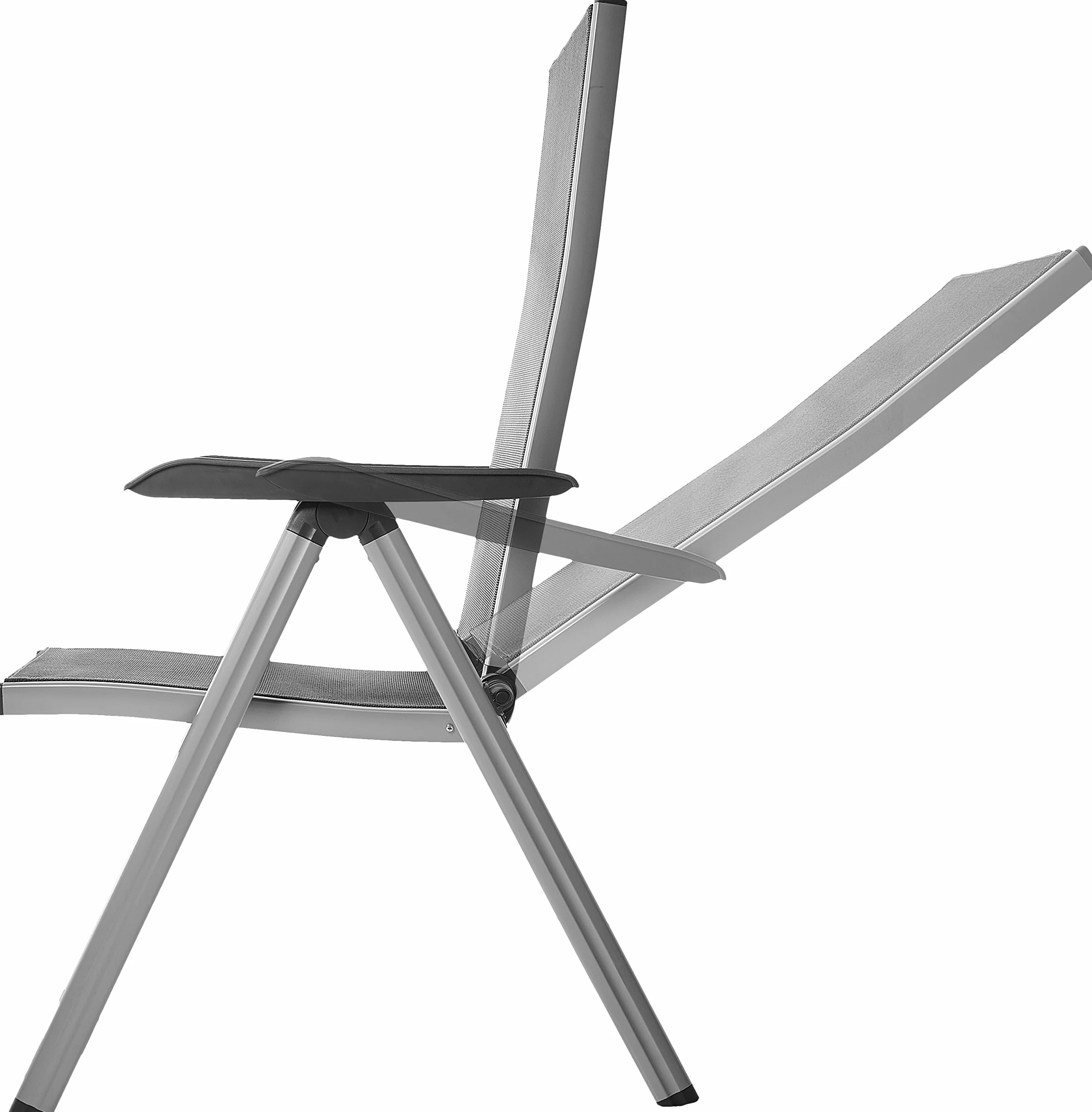 Amazon Basics Składane krzesło ogrodowe z wysokim oparciem, regulowane w 5 pozycjach, z podłokietnikami, na patio i na kemping, 69 x 60,5 x 110 cm (głęb. x szer. x wys.), szare, zestaw 2 sztuk
