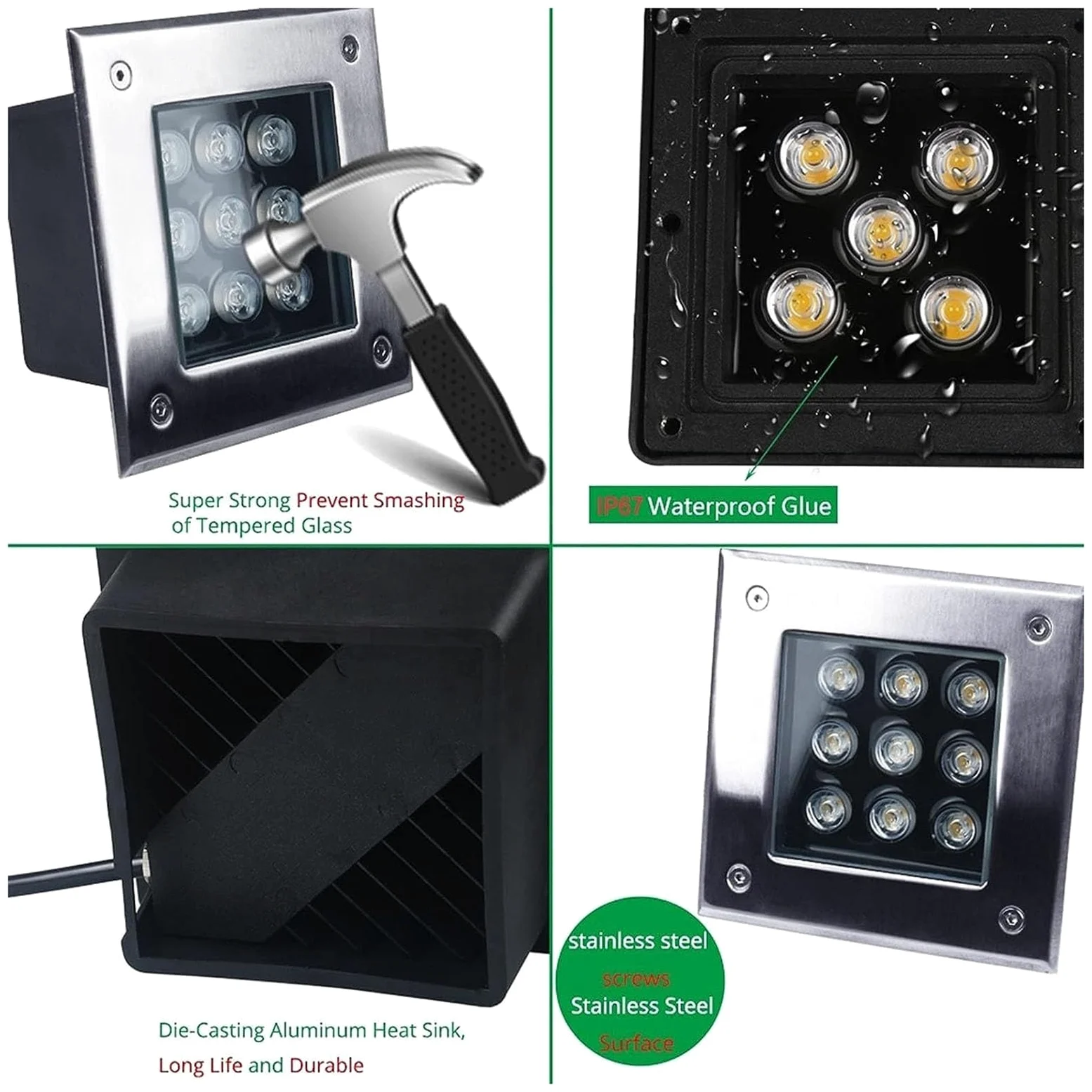 Kwadratowy reflektor LED do ogrodu - zewnętrzna lampa wpuszczana, wodoodporna IP67, projektor podwórka, oświetlenie ścienne i podłogowe niskiego napięcia 12 V (zielone światło, 24 W)