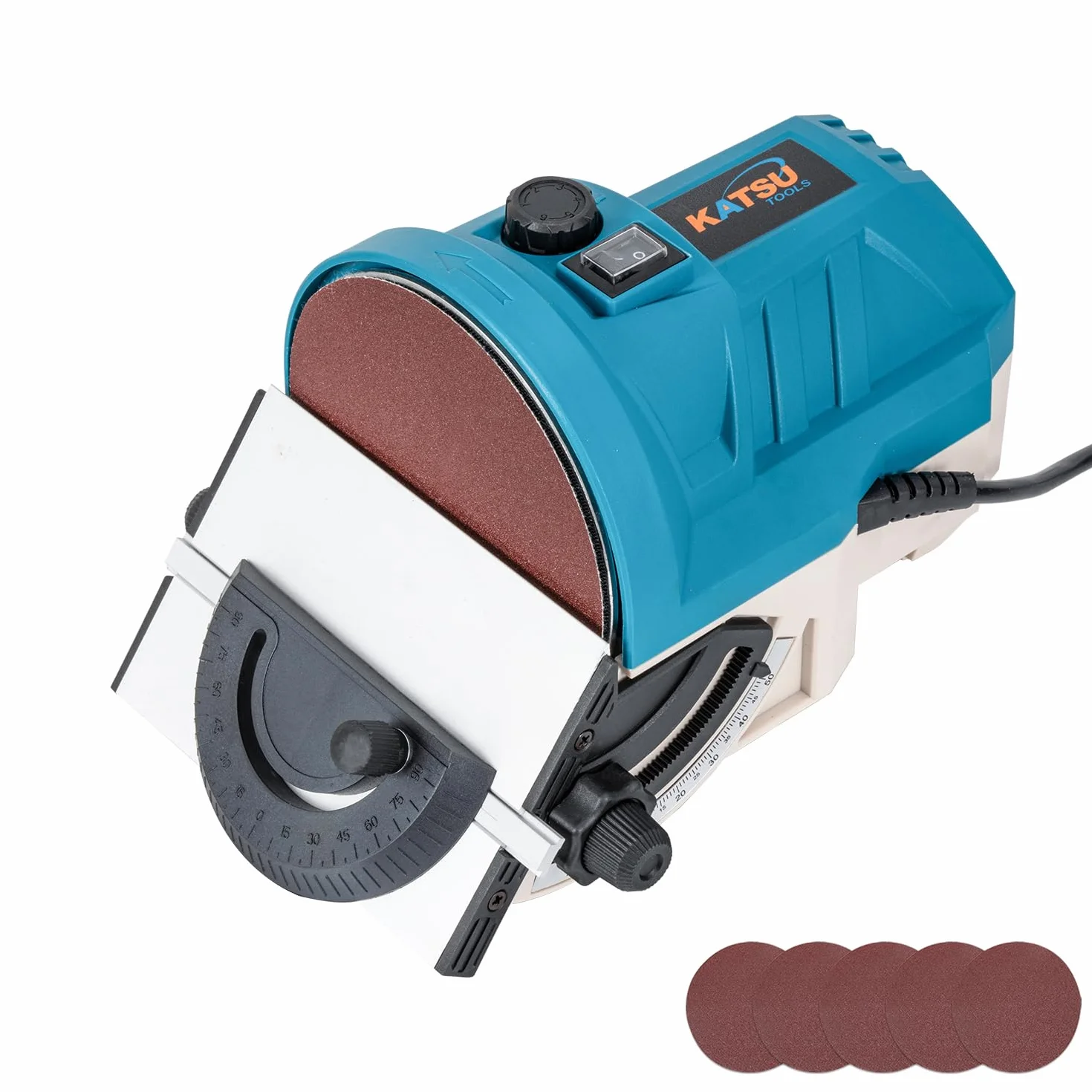 KATSU Tools Mini szlifierka tarczowa 140 W, 125 mm – elektryczna szlifierka / polerka do drewna, regulowana prędkość obrotowa, stół z aluminiowym stołem, w zestawie tarcze