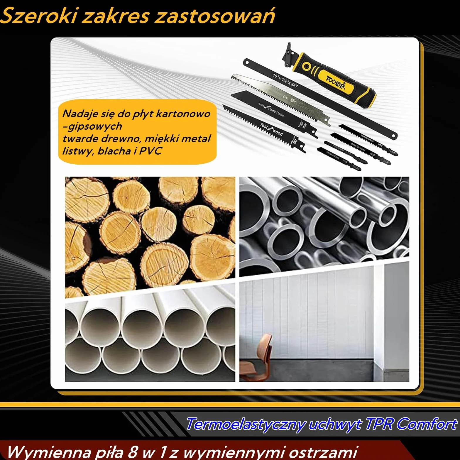 Magicbox Piła do Metalu 8 w 1 z Wymiennymi Ostrzami - System Samoblokujący & Ergonomiczny Uchwyt - Do Cięcia Metalu, Drewna, Płyty G-K, Plastiku