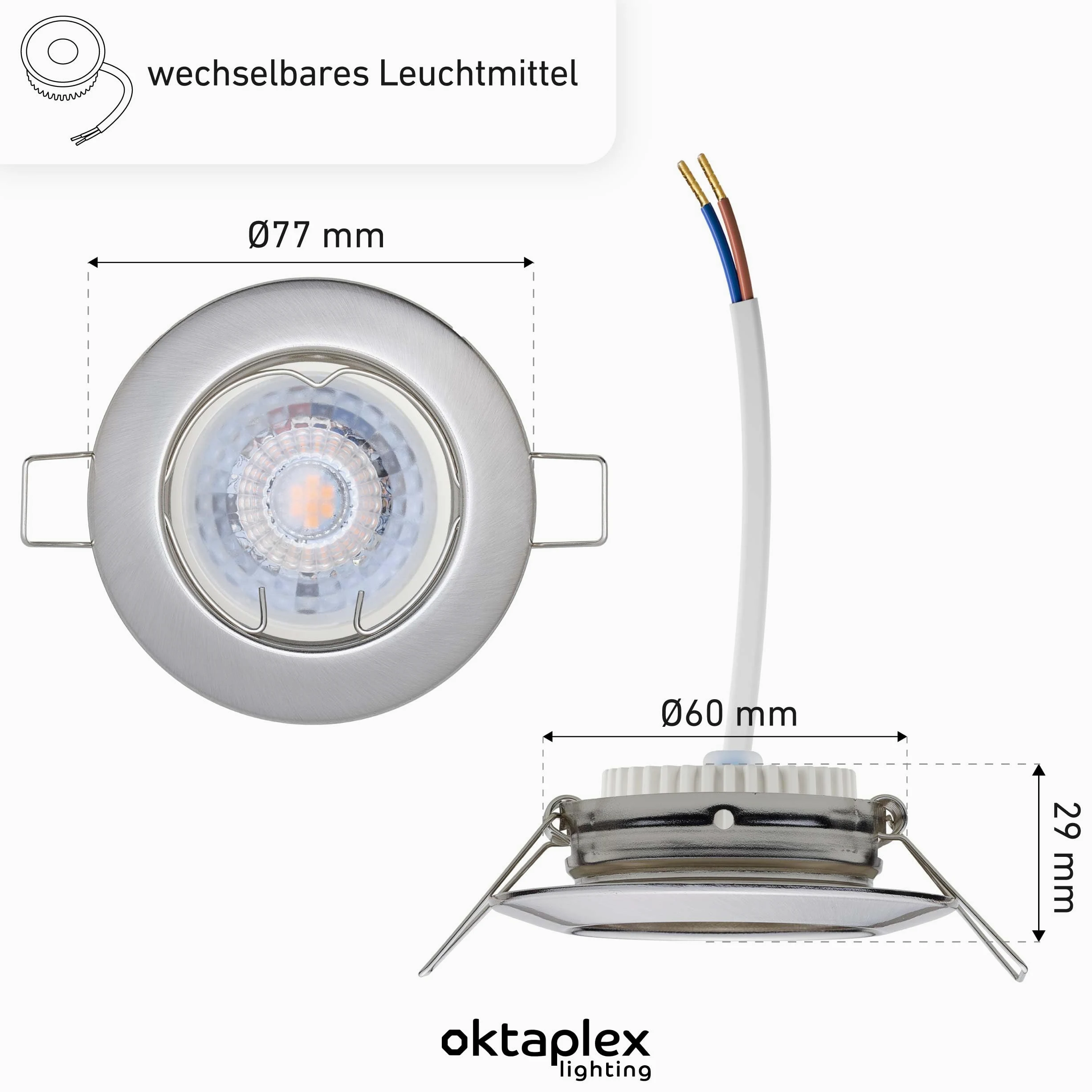 Oktaplex Lighting Zestaw 12 reflektorów LED do zabudowy 230 V – bezstopniowe ściemnianie – 4,9 W 4000 K 370 lm neutralna biel – spot sufitowy stal szlachetna szczotkowana wymiar otworu 60 mm