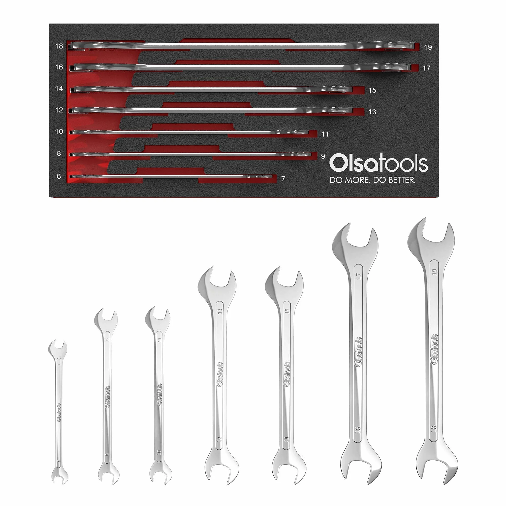 Olsa Tools 1253 super cienki zestaw kluczy płaskich, metryczny, profesjonalny, 7-częściowy, w tym 6 mm do 19 mm, zestaw kluczy płaskich, z organizerem z pianki EVA