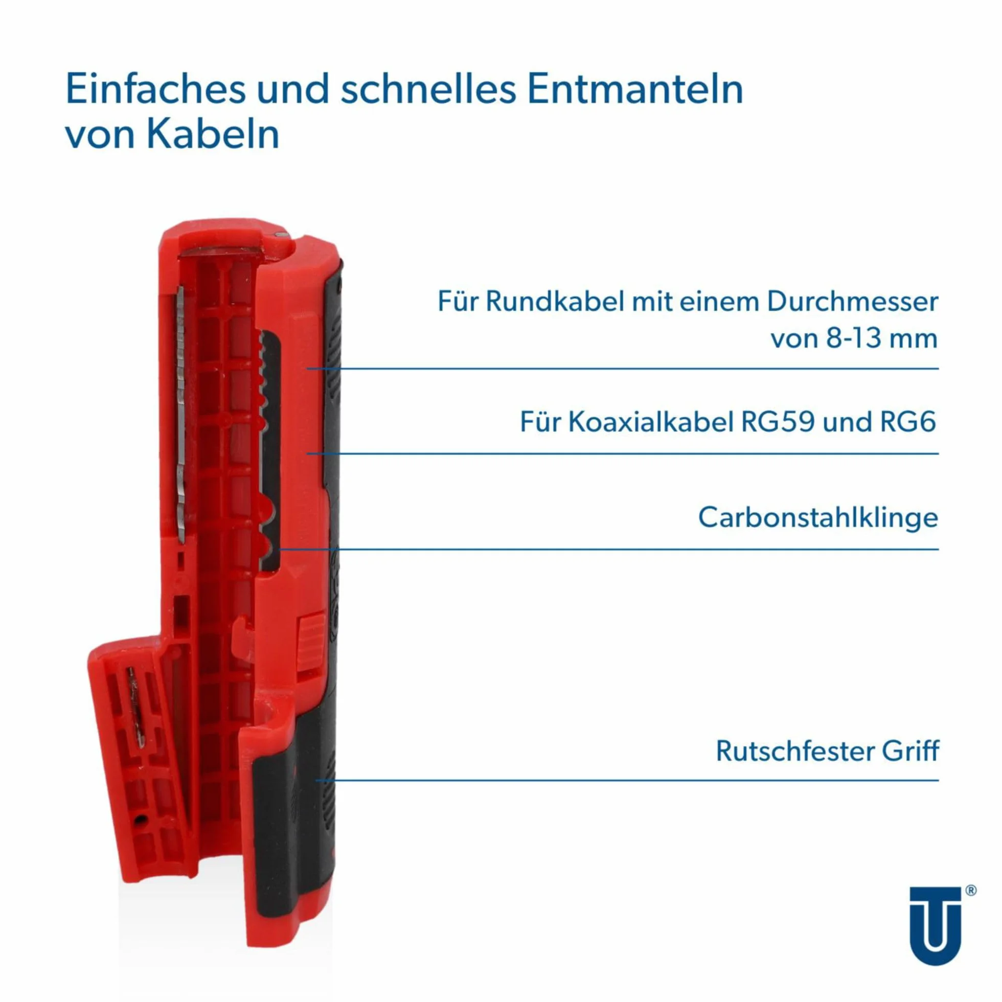 Unitec 31014 Ściągacz kabli do cięcia okrągłego i wzdłużnego, kable koncentryczne RG59 i RG6, średnica 8-13 mm, ostrze ze stali węglowej, antypoślizgowy uchwyt