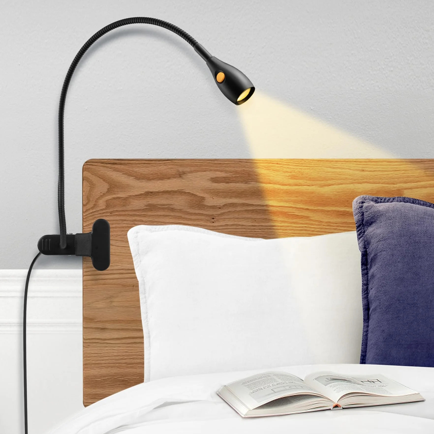 acegoo Minimalistyczna lampka do czytania do lampy z klipsem, zagłówek łóżka, ściemniana lampa książkowa, 3000 K/bursztynowe światło z adapterem USB-C, elastyczna gęsia szyja i poręczny przełącznik