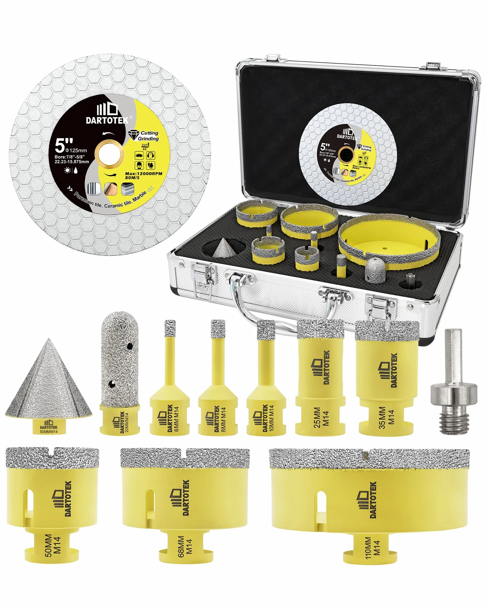 Wiertła diamentowe porcelanowe 12 sztuk - 6/8/10/25/35/50/68/110 mm x M14 wiertła, frez 20 mm, wiertła 50 mm, adapter, diamentowa tarcza 125 mm do płytek ceramicznych marmuru