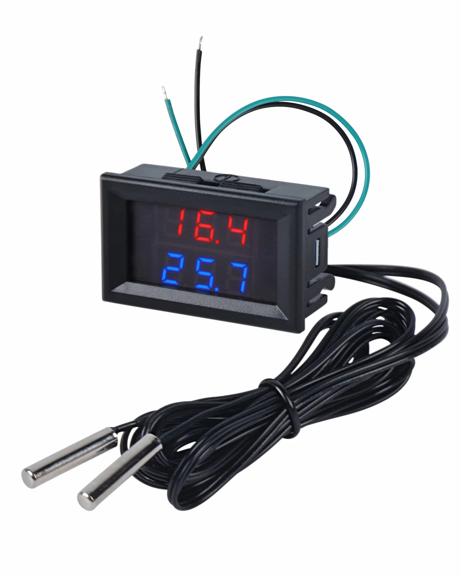Cyfrowy Termometr z 2 Wodoodpornymi Metalowymi Sondami DC 4-28V LED Miernik Temperatury -55～120℃ Czerwony Niebieski