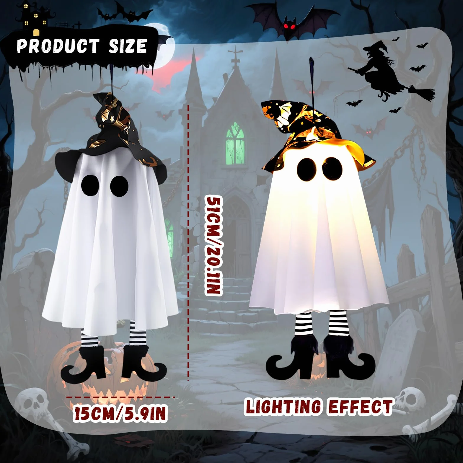 ZoneYan Zestaw 2 duchów Halloween wiszące dekoracje biały czarny