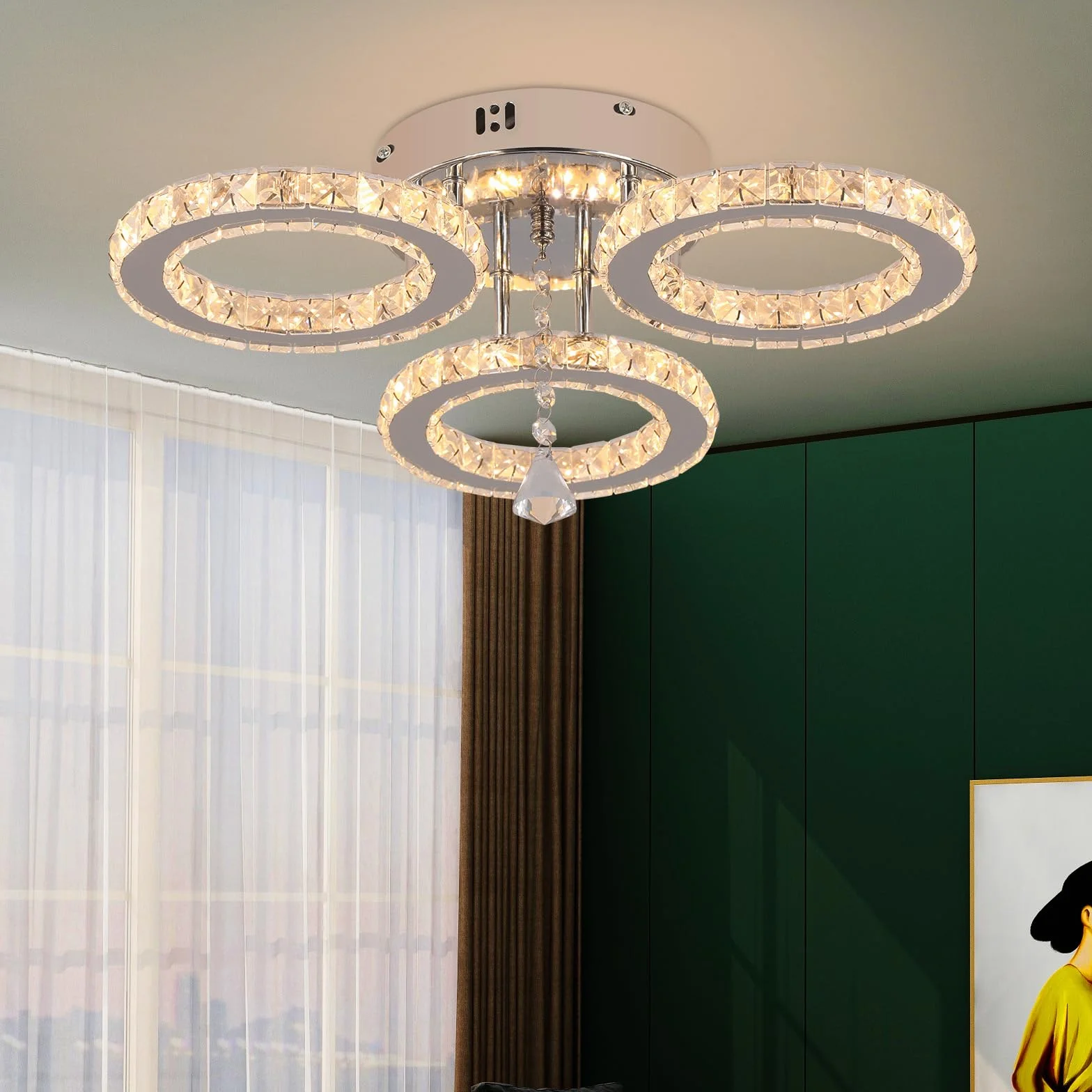 VETRULUS Nowoczesna Lampa Sufitowa LED, Ściemniająca się z Pilotem, Kryształowy Żyrandol do Salonu, Sypialni, Kuchni