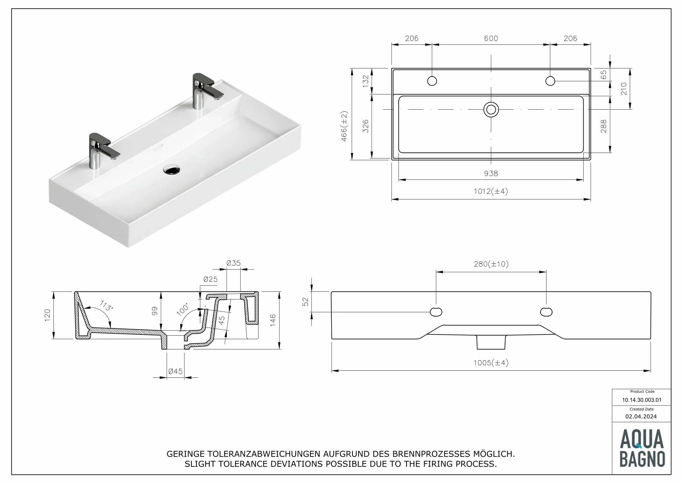 Aqua Bagno podwójna umywalka ceramiczna 100 cm biała – prostokątna, 2 otwory na baterię, nowoczesny design, montaż ścienny lub na meblu