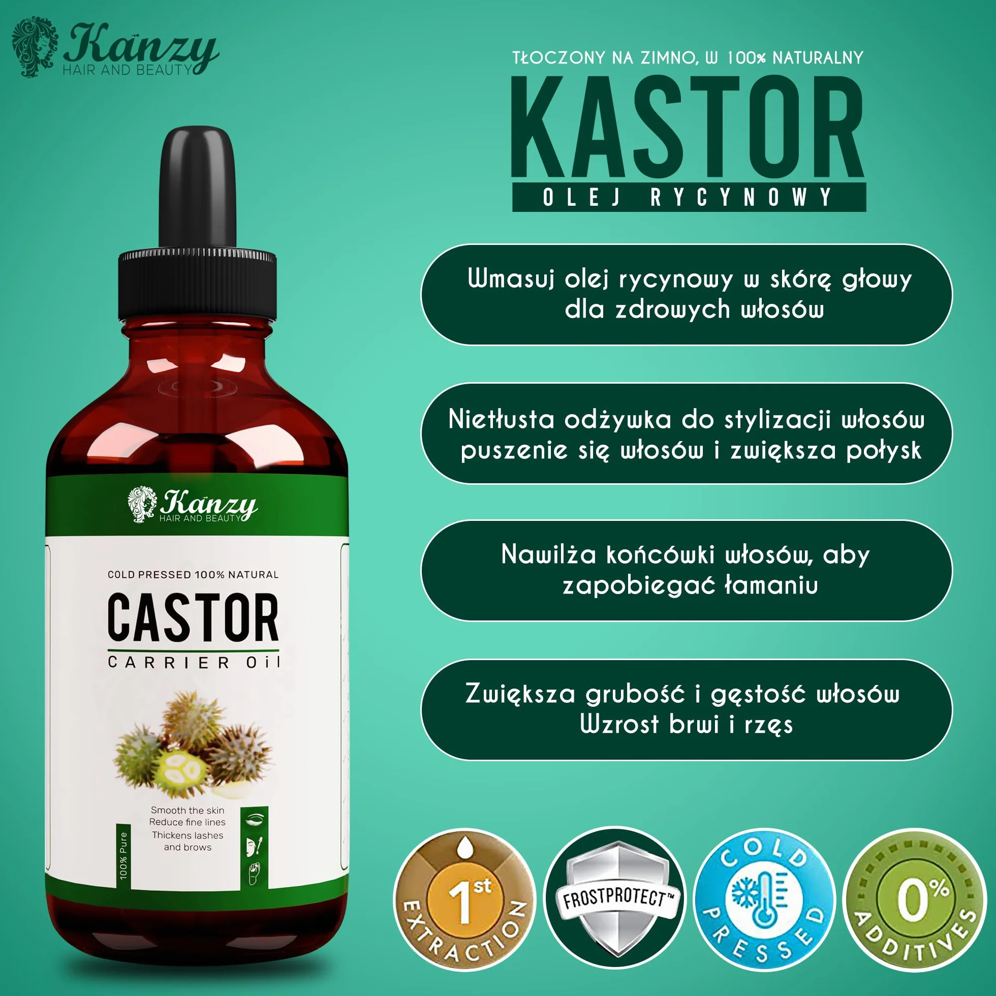 Kanzy Castor Oil do Rzęs i Brwi 100ml Czysty Organiczny Olej Rycynowy na Porost Włosów Broda, Paznokcie Ciało i Twarz Naturalny Olej Rycynowy Tłoczony na Zimno z Aplikatorami Castor oil