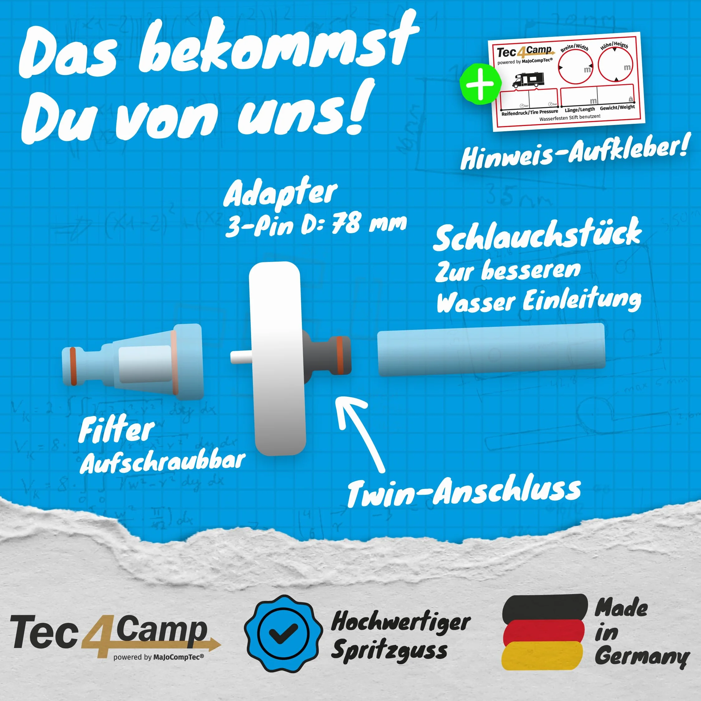 Tec4Camp® WATERTWIN-PRO 3-stykowy D:78 | adapter z filtrem do króćca wlewu wody | kompatybilny z nasadką wlewu paliwa Gardena adapter do napełniania | przyłącze kranu do przyczepy kempingowej lub