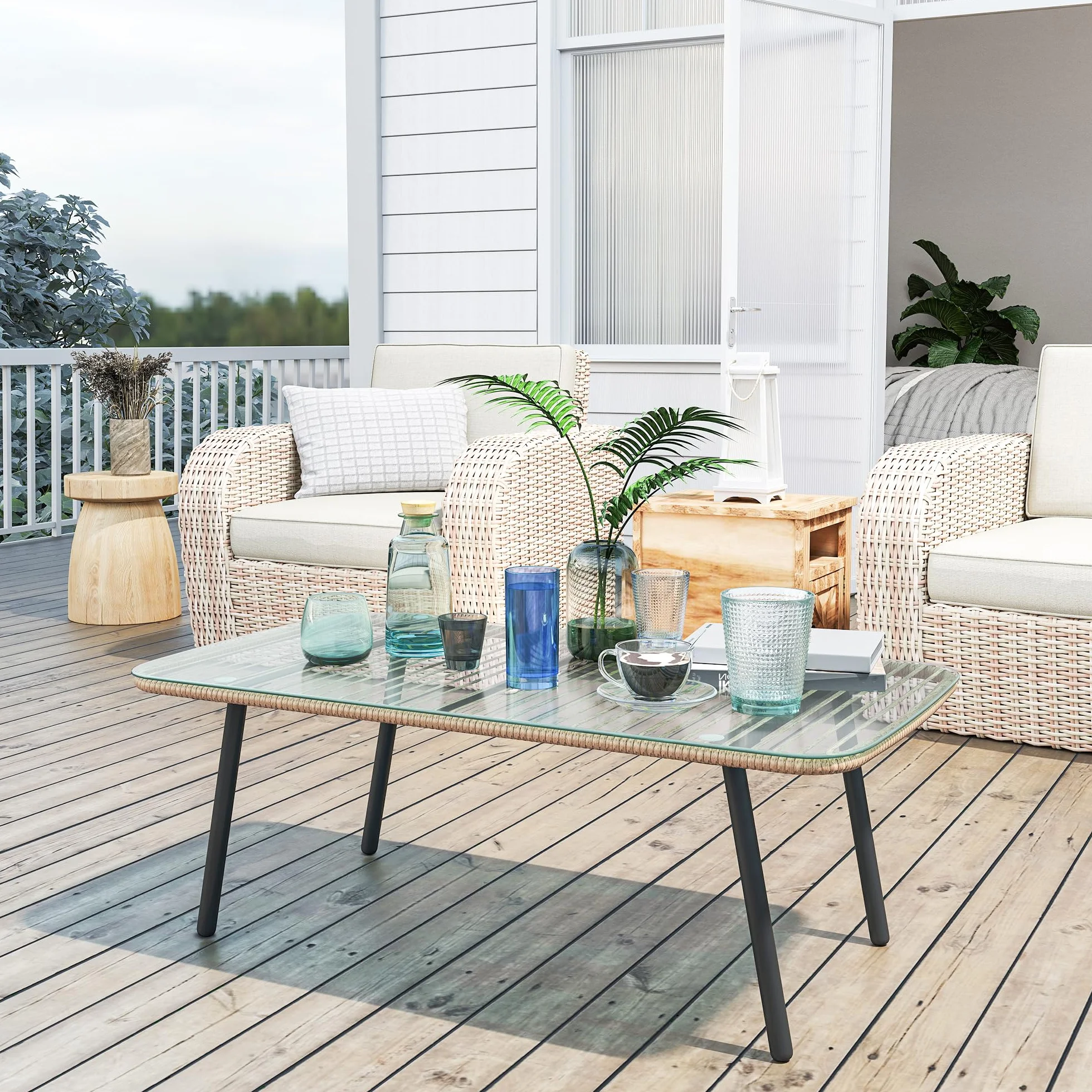 Outsunny Stolik ogrodowy z plecionej żywicy, blat ze szkła hartowanego, stolik pomocniczy do użytku na zewnątrz, do ogrodu, na taras, patio, balkon, stalowa rama, 110 x 60 x 40 cm, z efektem