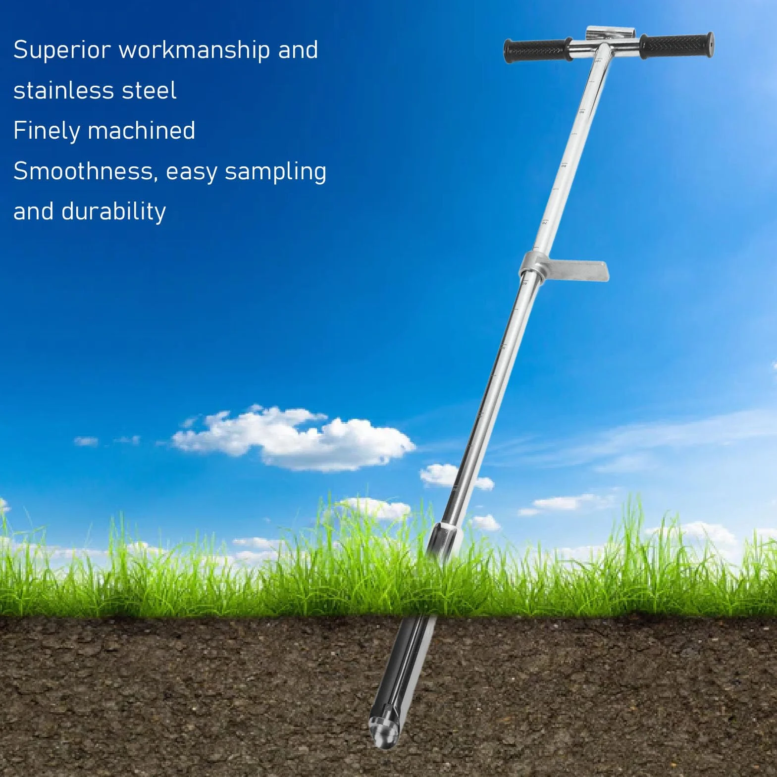 Wakects Sonda do badania gleby, sonda do próbkowania gleby ze stali nierdzewnej, 105 cm, zestaw do testowania gleby w stylu T, z pedałem i uchwytem, wlot 38 mm do pobierania próbek gleby, pielęgnacji