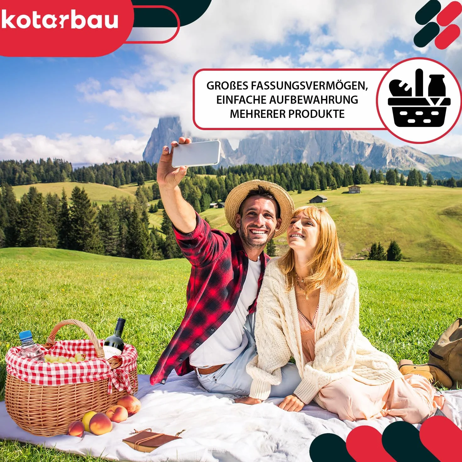 KOTARBAU® Kosz Wiklinowy na Zakupy - 46 x 32 x 43 cm - Koszyk Piknikowy - Kosz na Grzyby - Koszyk Wielkanocny - Owalny - Czerwona Wyściółka - Wkład - Obszycie Krata