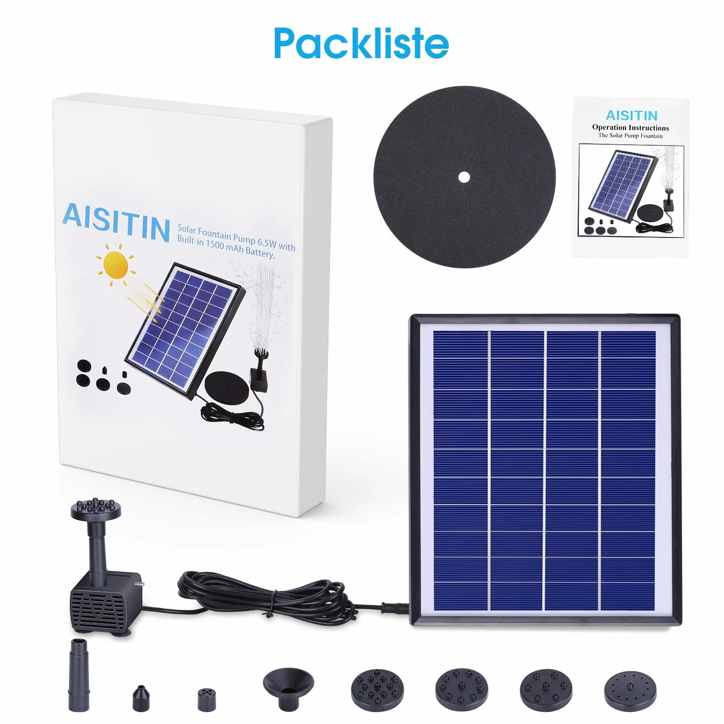 AISITIN Solarna pompa fontannowa 6,5 W z baterią 1500 mAh, pływająca fontanna, 6 dysz, do kąpieli dla ptaków, akwarium, stawu lub dekoracji ogrodu