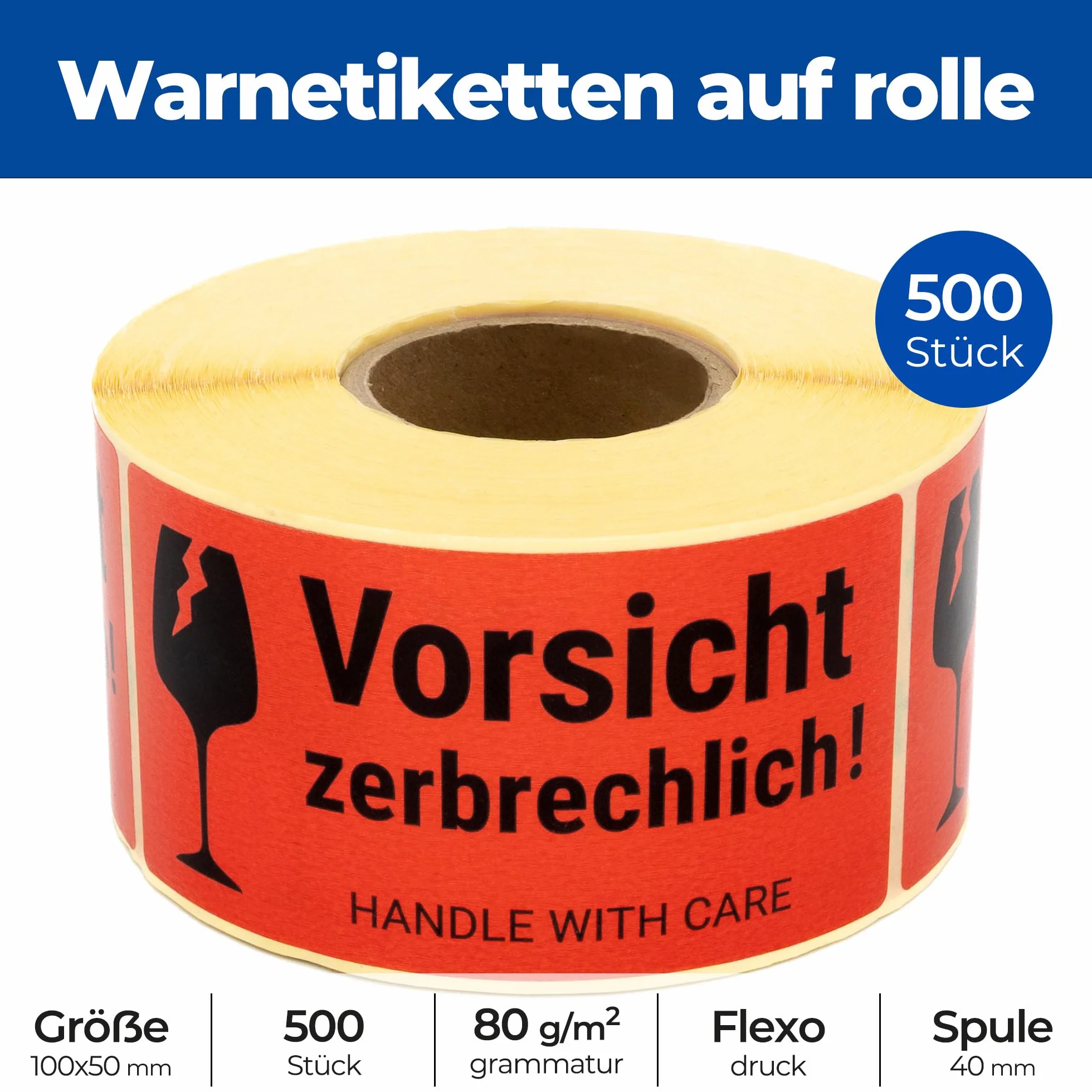 Etykiety ostrzegawcze na rolce 100 x 50 mm – 500 – uwaga k! Handle with care – Fragile Attention naklejka na wysyłkę – niebezpieczeństwo pęknięcia – neon jasnoczerwony – naklejki na paczkę