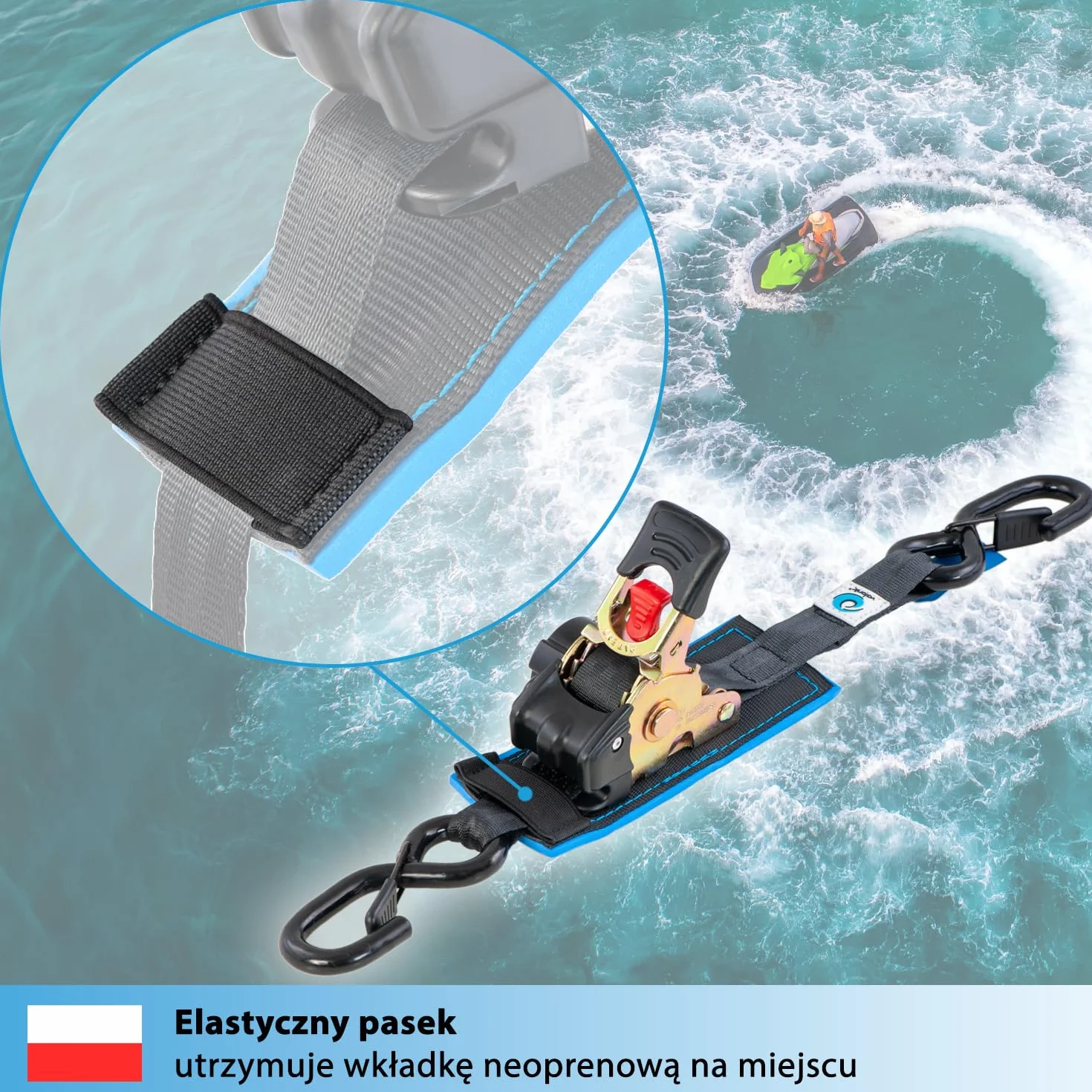 valonic RACOON - 2x 1,8m automatic ratchet tension strap, 25mm, 300/600 Kg, wyściełany, EN-12195-2 - z grzechotką, czarny, pasek napinający do motocykli