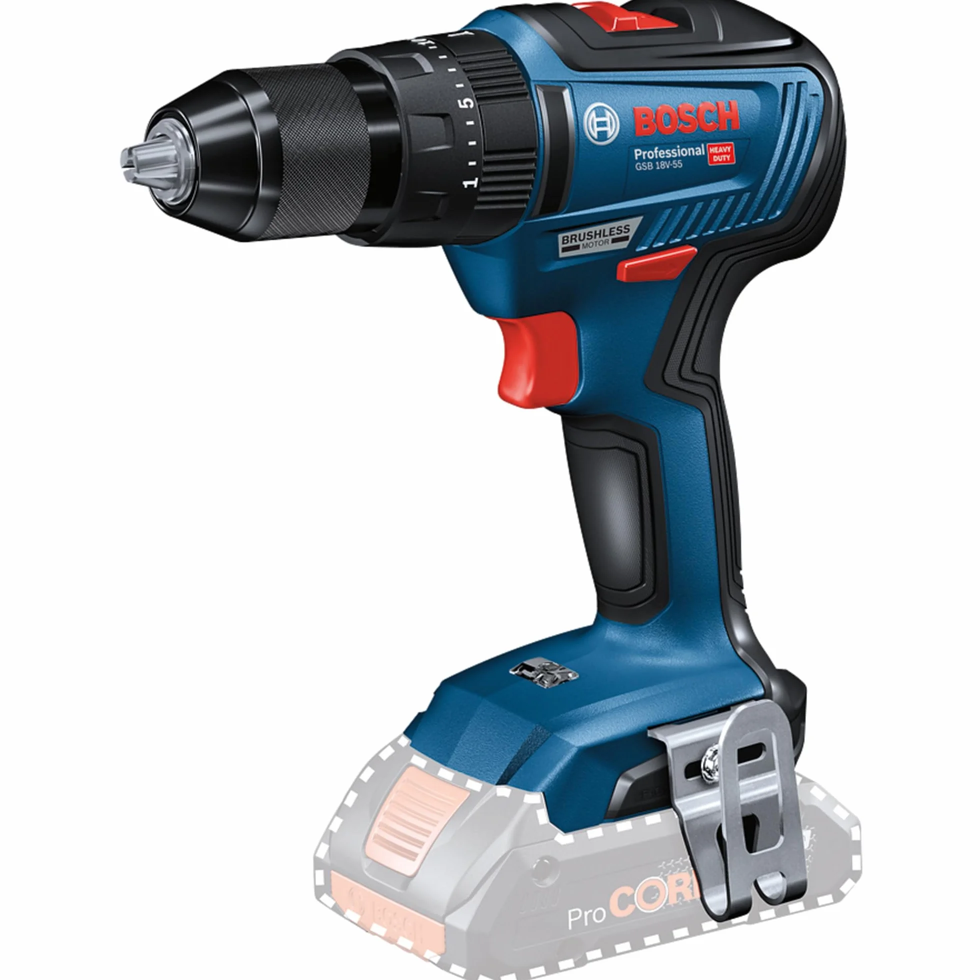 Bosch Professional System profesjonalny 18 V firmy : akumulatorowa wiertarko-wkrętarka udarowa GSB 18V-55 (moment obrotowy 55 Nm, bez akumulatorów i ładowarki, opakowanie kartonowe)