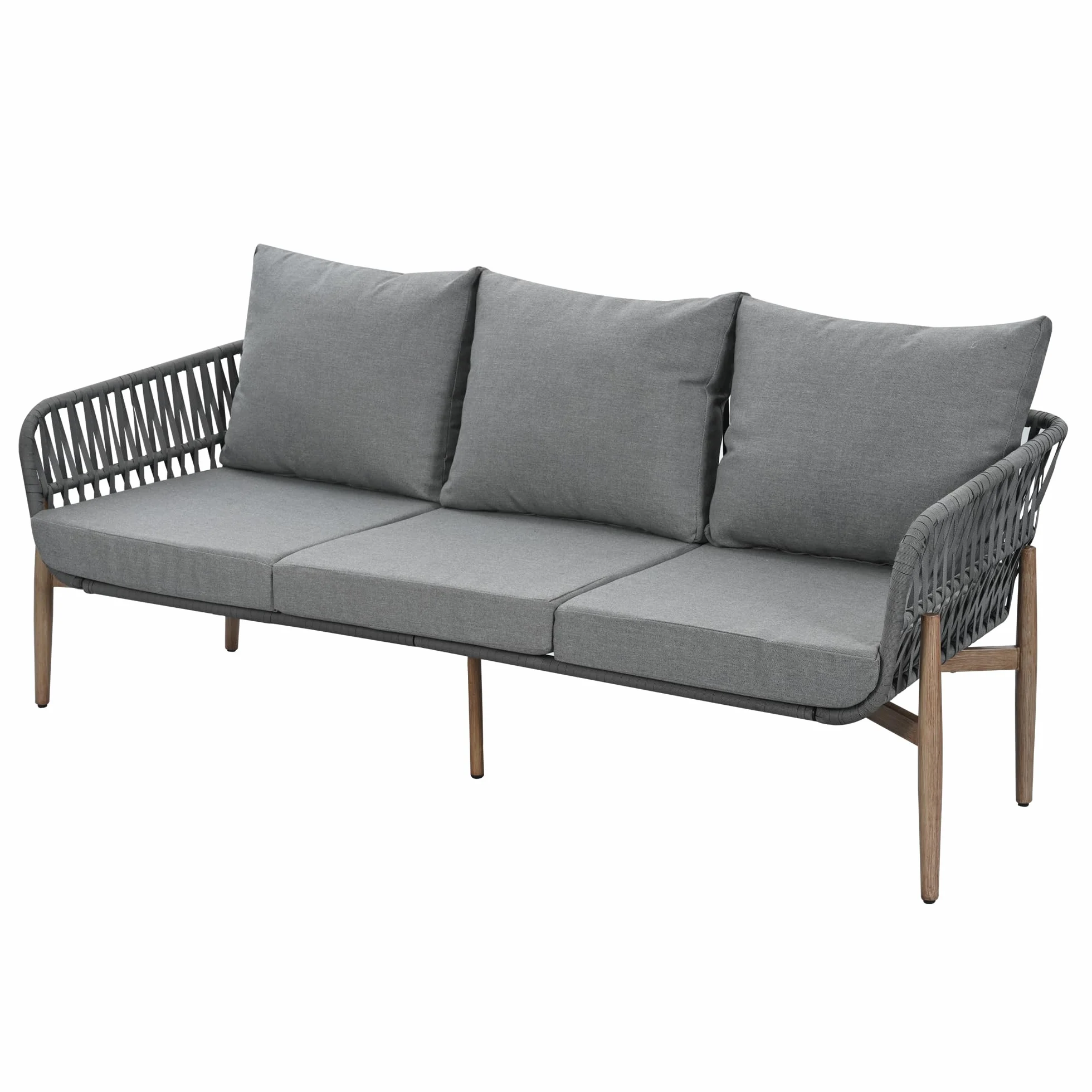 Dolamaní Zestaw mebli wypoczynkowych 0utdoor dla 5 osób, 3-osobowa sofa, 2 fotele i 2 stoliki kawowe, blat stołu z WPC, ze stali, z wygodnymi poduszkami (kolor szary)