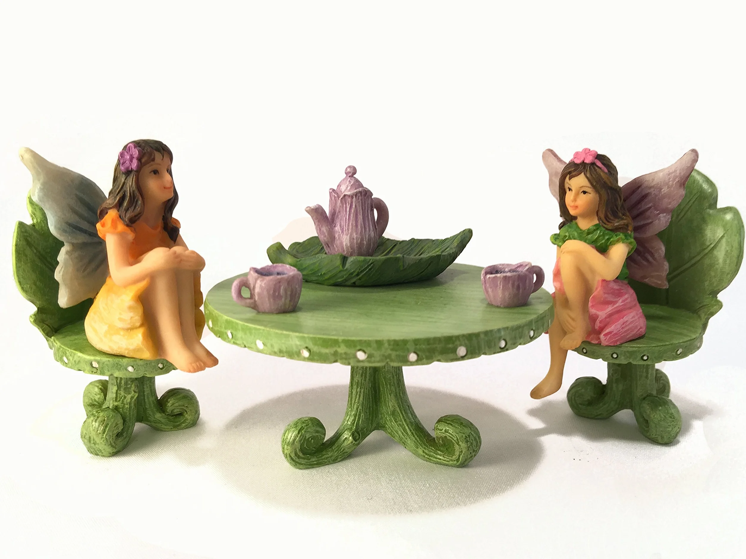 GlitZGlam Miniature Fairy Garden Zestaw Mebli Ogrodowych Bistro Liść Z Zestawem Do Herbaty