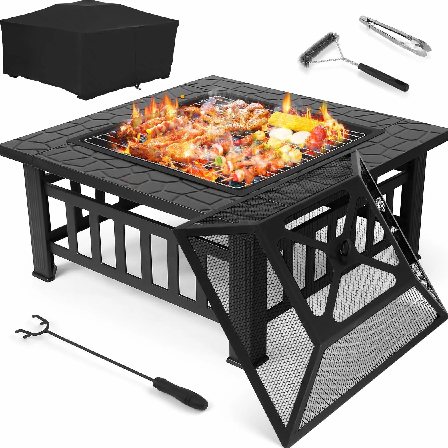 TLSUNNY Kosz Paleniskowy 3 w 1 Kwadratowy 81x81x45 cm z Rusztem i Plandeką