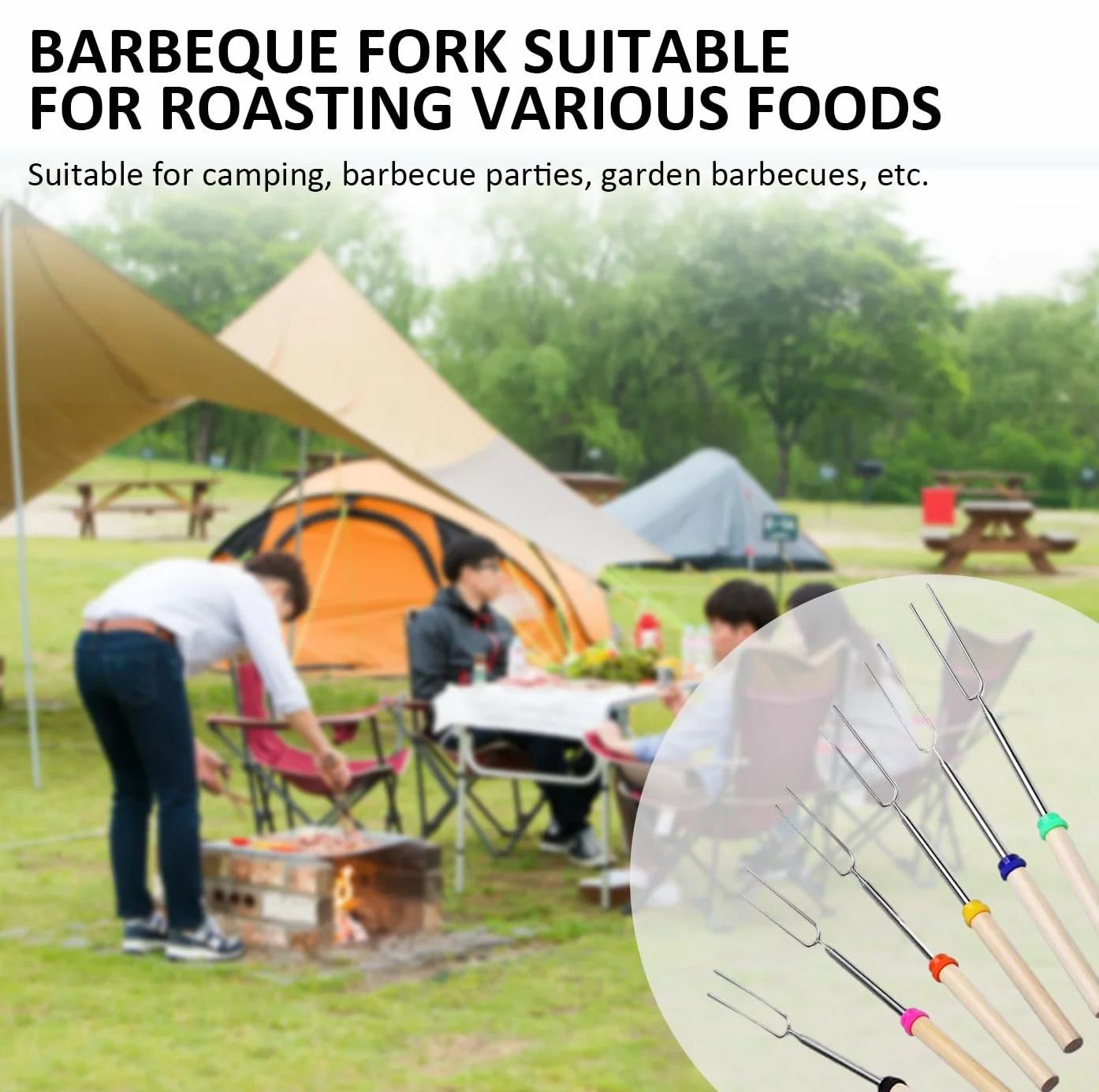6 widelców do grillowania, 1 różowa szczotka do oleju, teleskopowe szpikulce do grilla, drążki ze stali nierdzewnej, wysuwane pręty do grillowania, pręty do grillowania z pianki marshmallow,