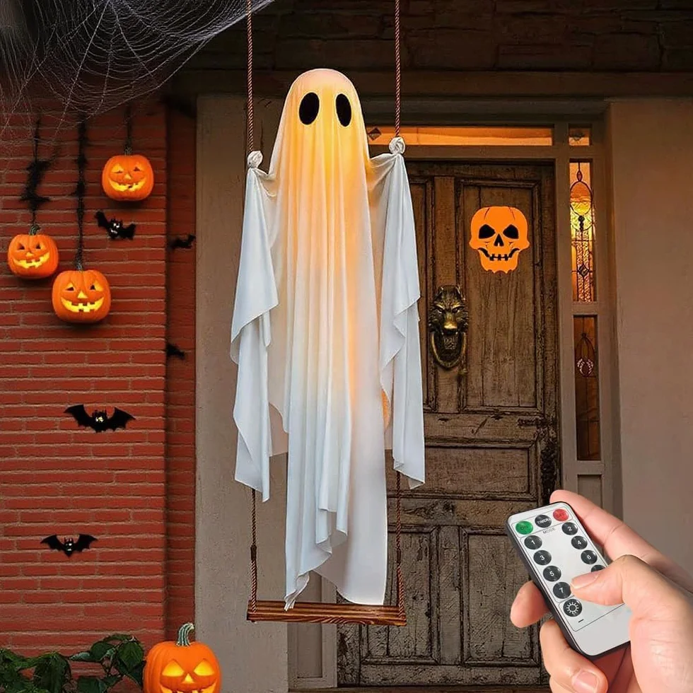 Swinging Ghost-150 cm duża wisząca huśtawka duch dekoracja na Halloween ze sznurkami świetlnymi - upiorne urocze duchy, dekoracje na przedni, ganek, podwórko, drzewo (z pilotem zdalnego sterowania)