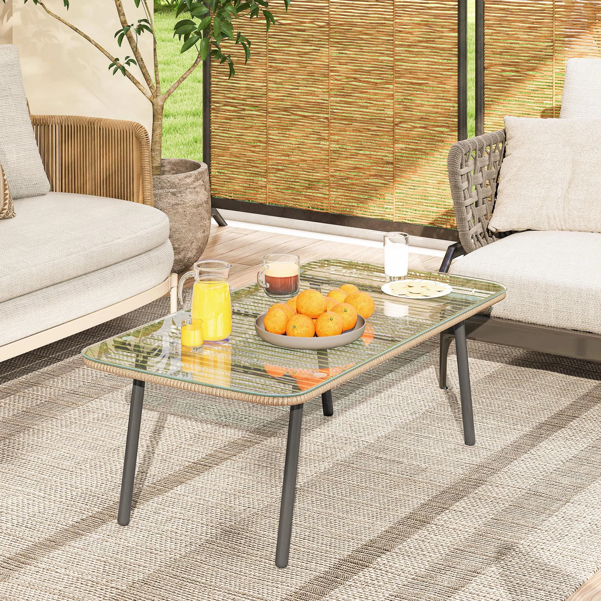 Outsunny Stolik ogrodowy z plecionej żywicy, blat ze szkła hartowanego, stolik pomocniczy do użytku na zewnątrz, do ogrodu, na taras, patio, balkon, stalowa rama, 110 x 60 x 40 cm, z efektem
