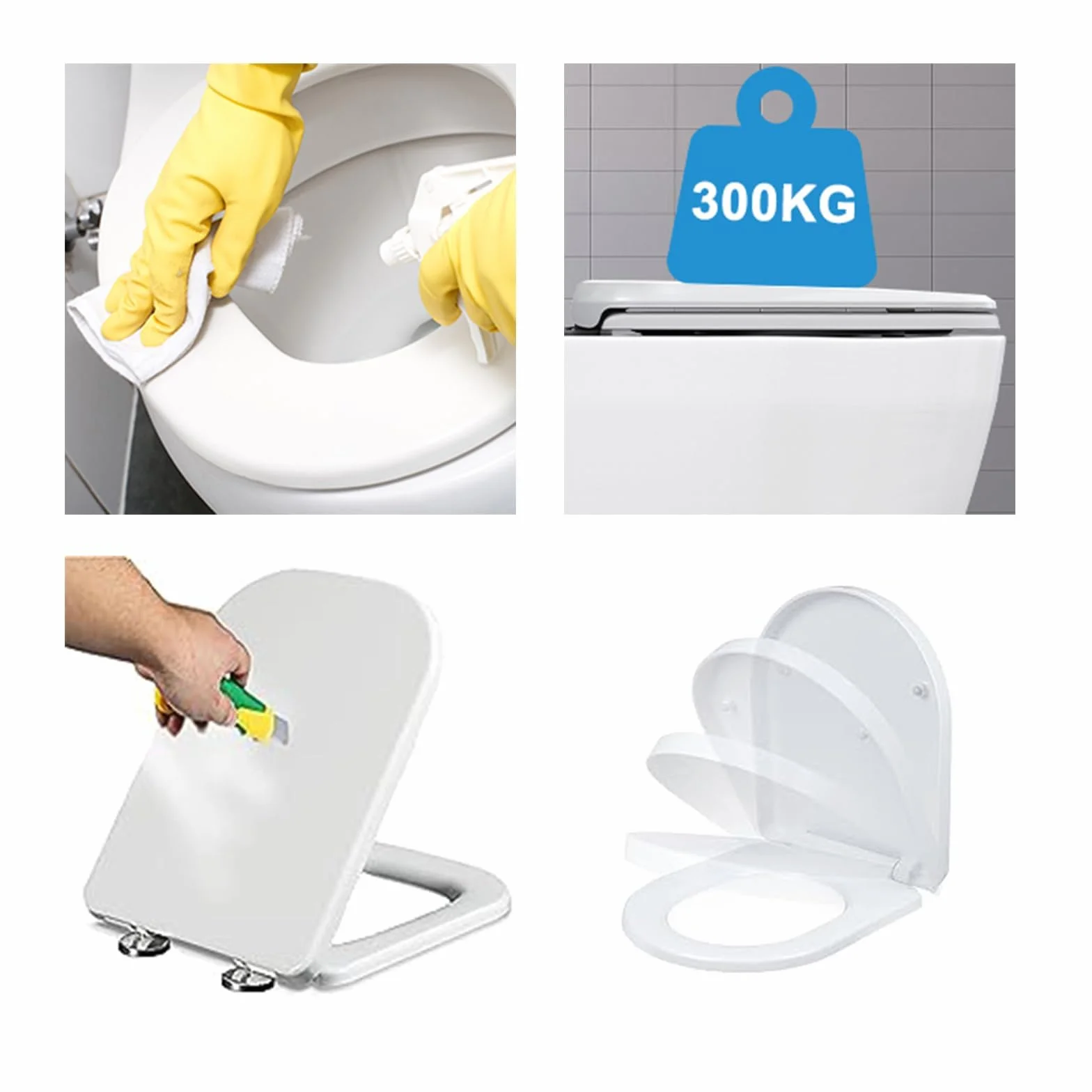 Kwadratowa deska sedesowa z wolno opadającym siedziskiem， łatwa do czyszczenia， odpowiednia do kwadratowych toalet， zagęszczone deski sedesowe， plastikowa，04A