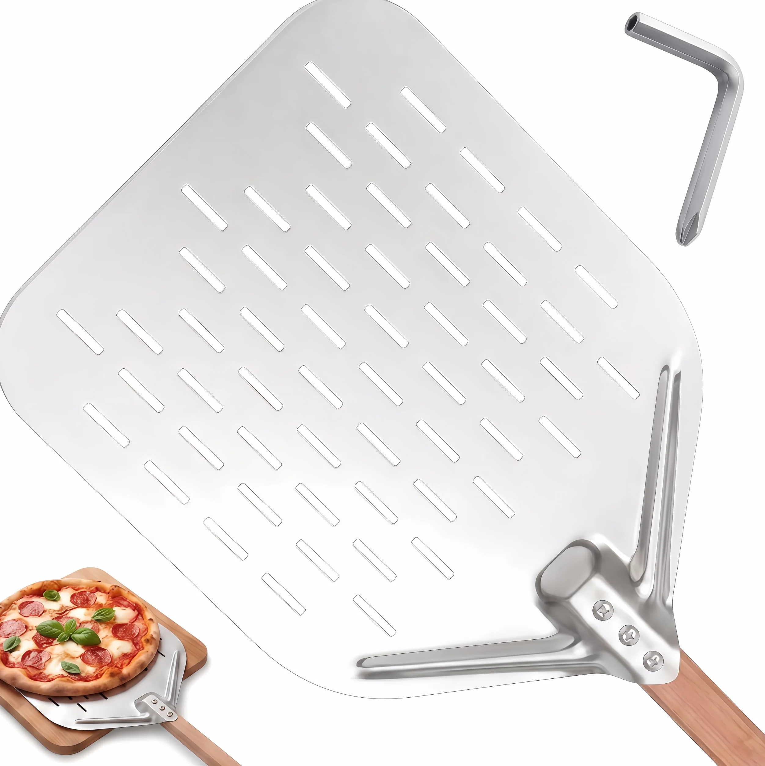 Łopatka do pizzy perforowana aluminiowa 39,5 x 30 x 2 cm ze zdejmowanym drewnianym uchwytem