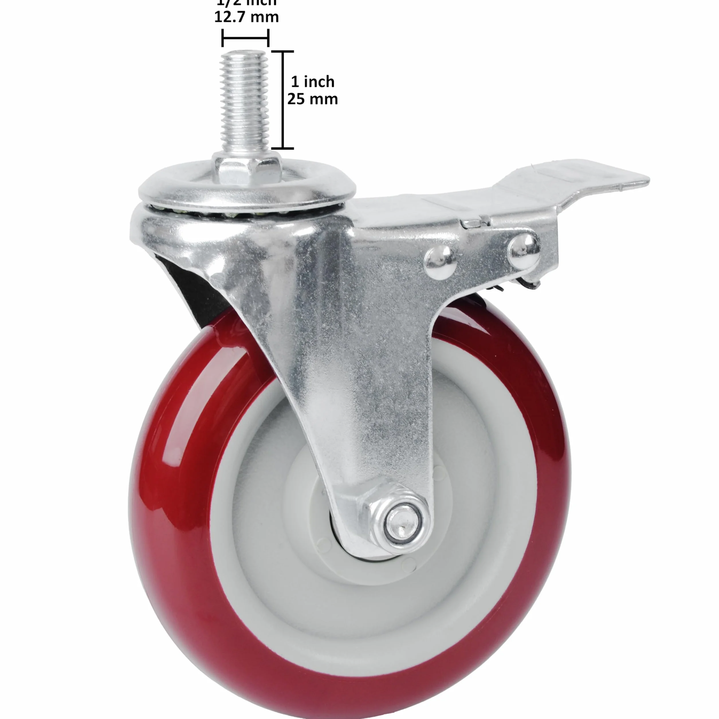 Zestaw 4 kółek obrotowych 5-calowych z trzpieniem gwintowanym, wytrzymałych, 1/2"-13 x 1, z hamulcem, z poliuretanu, z blokadą przemysłową, do wózków/mebli, 2200 funtów, gładkie kółka, czerwone