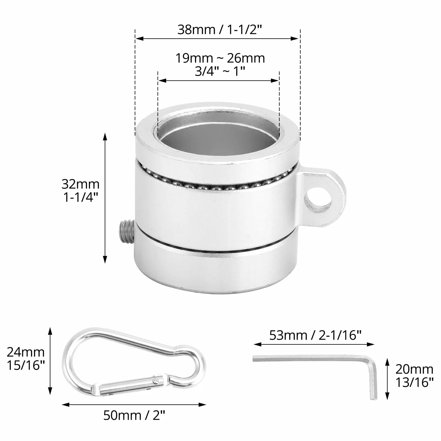 QWORK® 2-częściowy zestaw aluminiowych oczek na flagę z karabińczykiem, obracane o 360°, regulowana średnica 1,8-2,5 cm