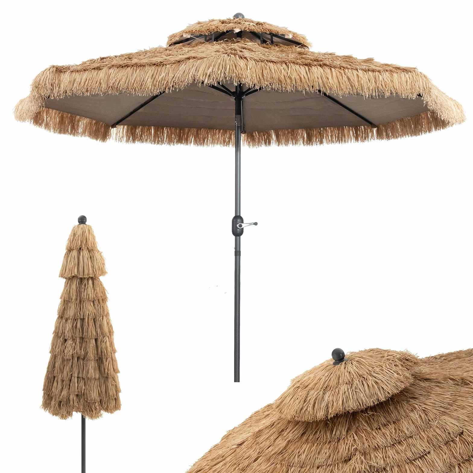 COSTWAY Hawaii parasol przeciwsłoneczny, 270 cm, Podstawa parasola nie jest dołączona, słomkowy parasol z podwójnym dachem, parasol ogrodowy, odchylany, słomkowy parasol plażowy