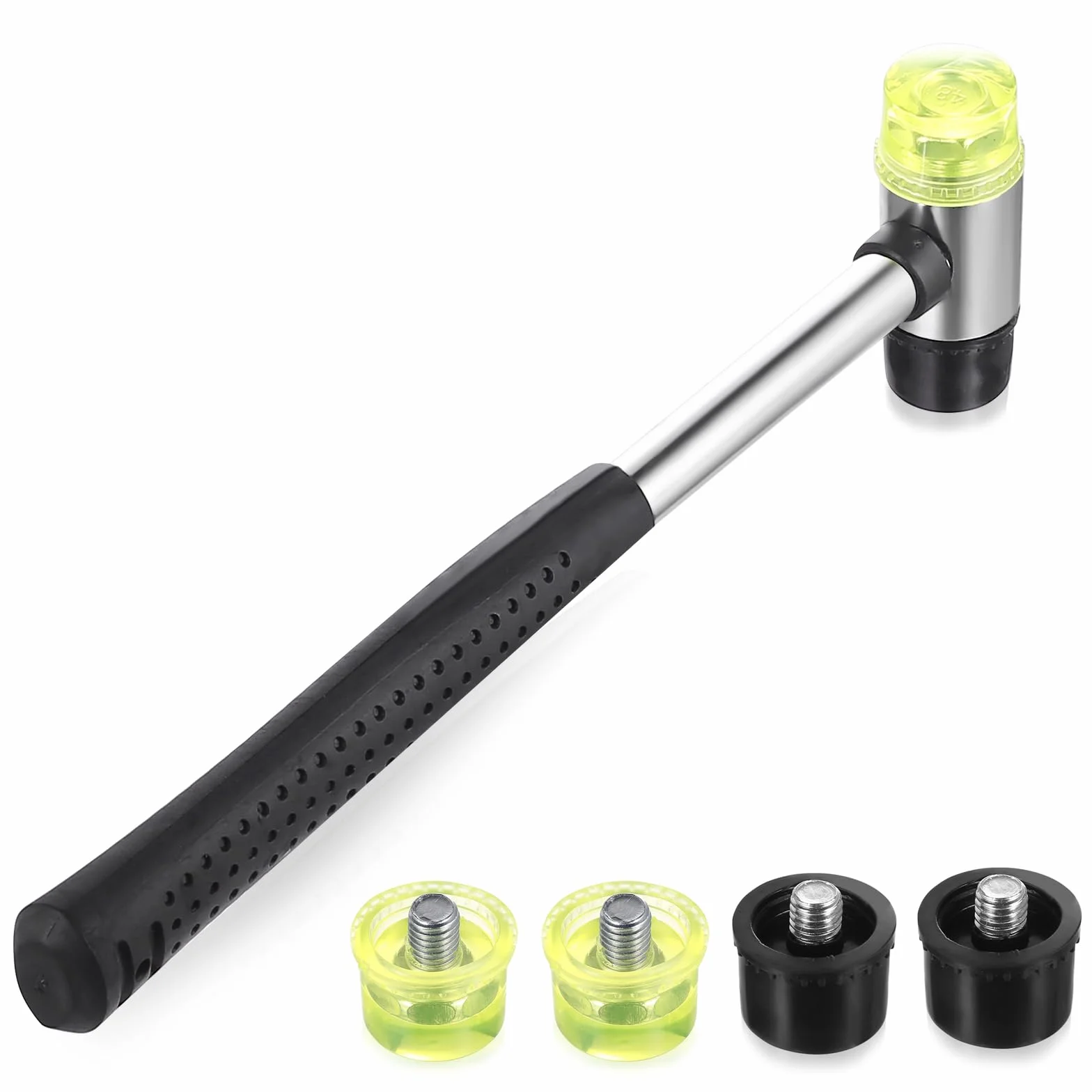 Mały młotek gumowy, 25 mm młotek gumowy, młotek dwugłowicowy z 4 zapasowymi głowicami, zestaw młotków plastikowych, młotek gumowy z gumową rączką do skóry, drewna, plastiku i rękodzieła