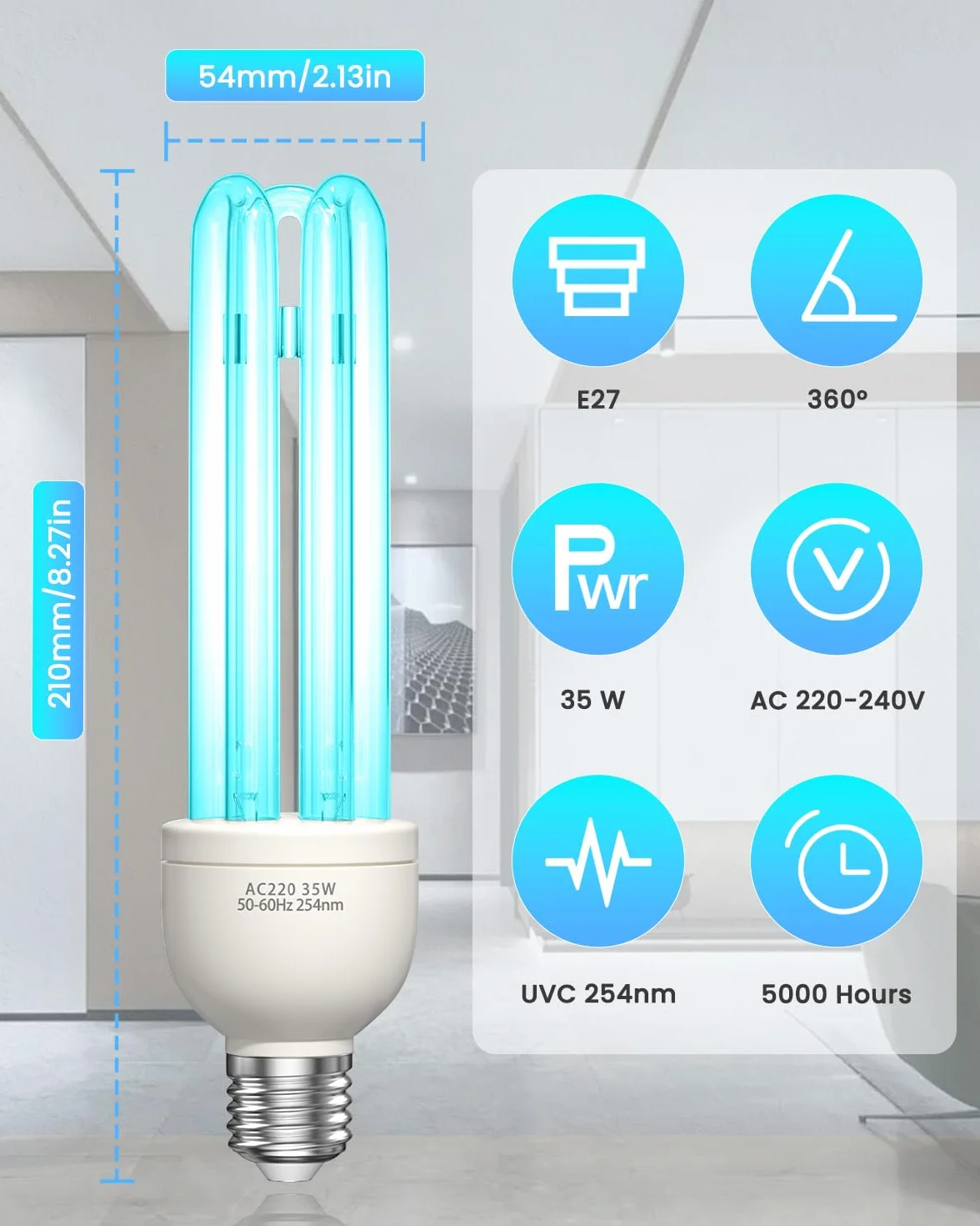 Lampa bakteriobójcza UVC żarówka UV 35 W 254 nm E27 z ozonem UVC silna sterylizacja i dezynfekcja AC220-240V idealna do kuchni, sypialni, salonu, biura i szkoły świeże powietrze (1 szt.)