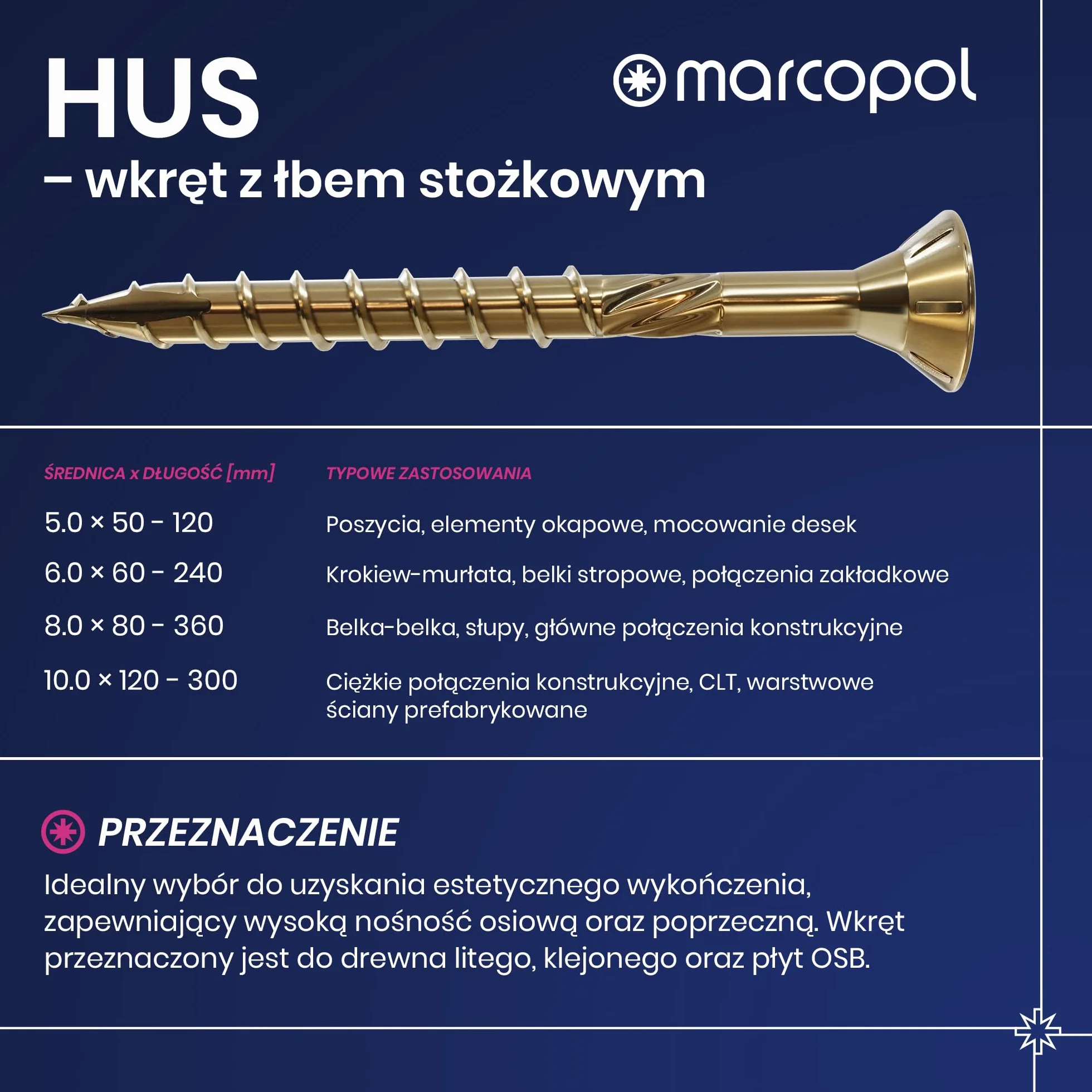 Marcopol Wkręty do drewna z łbem wpuszczanym 8 x 100 mm 50 sztuk TX40 żółte ocynkowane - śruby z łbem wpuszczanym z napędem Torx - śruby z końcówką frezującą, nacięciami tnącymi, frezarką nawiercaną i