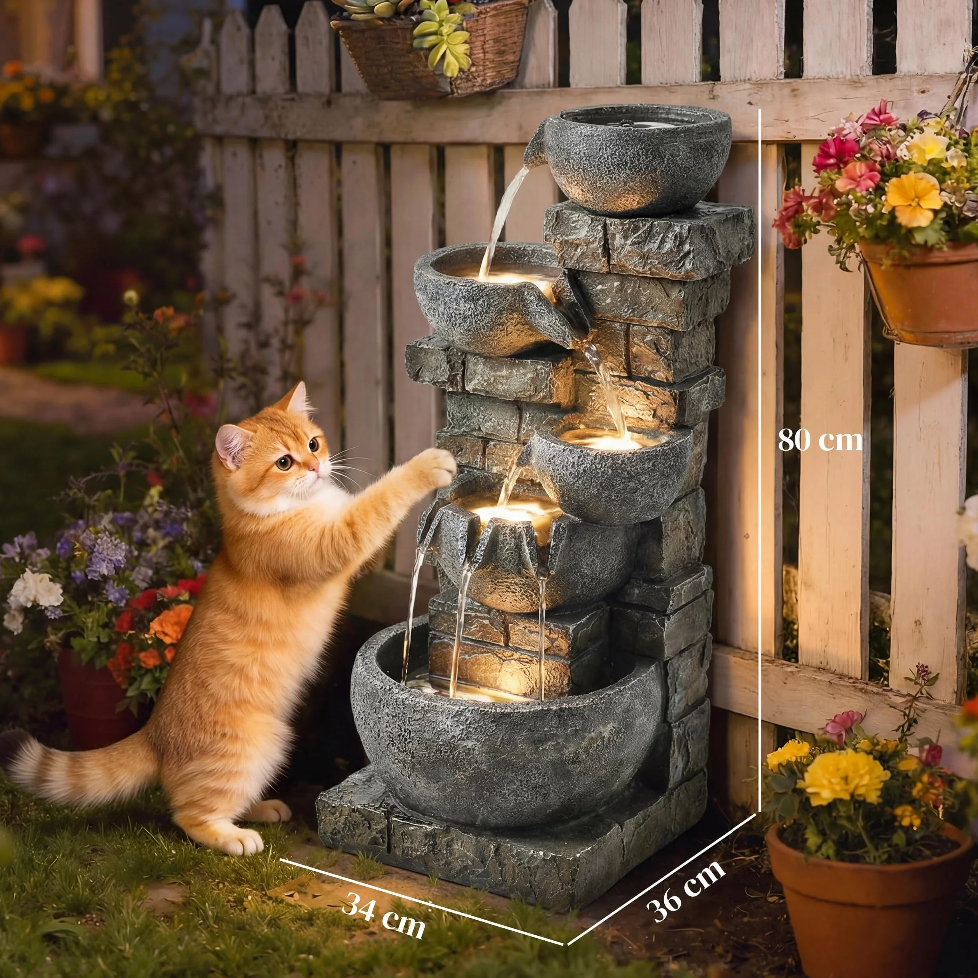 Outsunny Fontanna zewnętrzna z żywicy syntetycznej pięciopiętrowa z oświetleniem LED pompa imitacja kamienia 34 x 36 x 80 cm