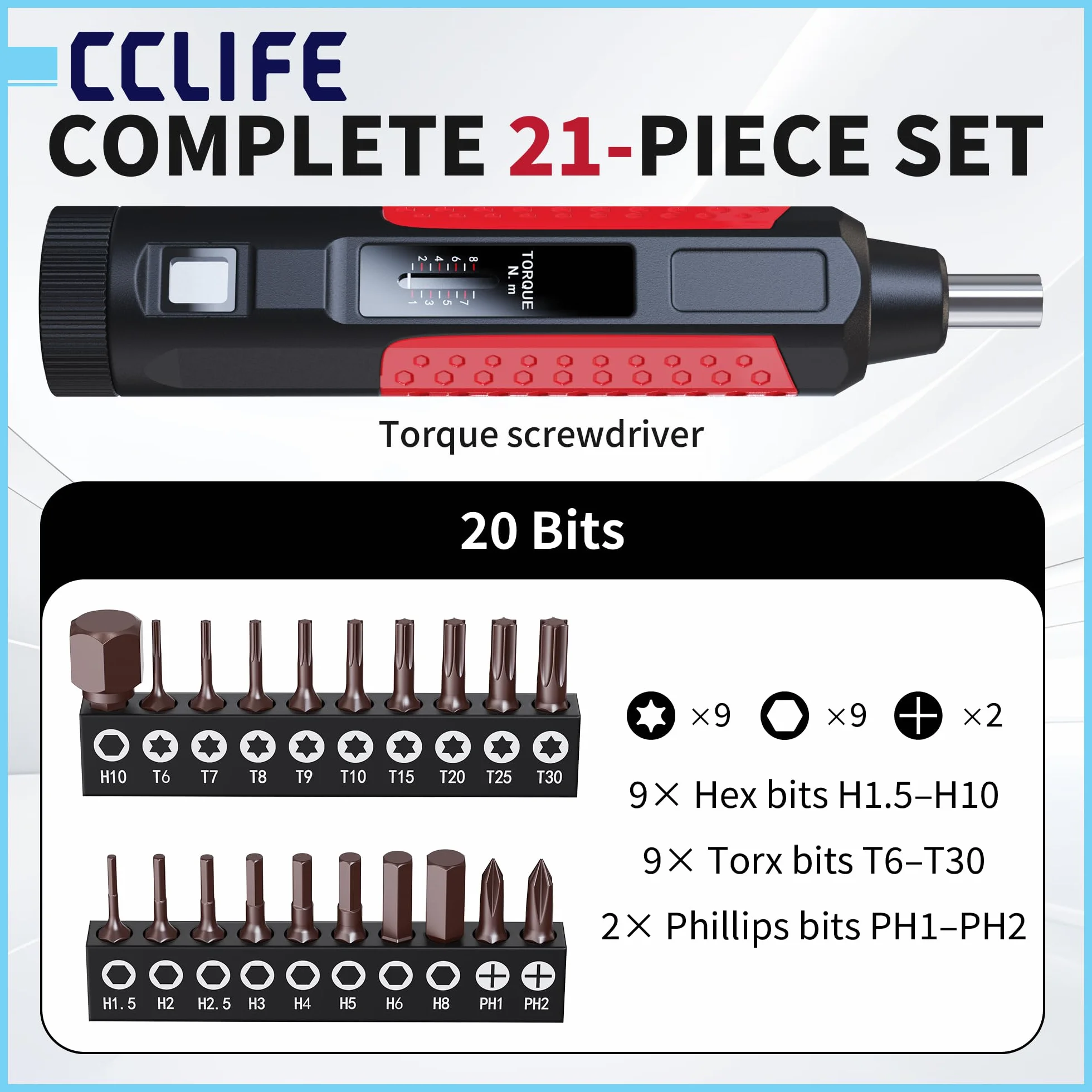 CCLIFE Wkrętak dynamometryczny z okienkiem – napęd 1/4 cala z 20 bitami (długość 25 mm), regulowany 1-8 N·m, precyzyjny śrubokręt do elektroniki, montażu mebli i konserwacji mechanicznej