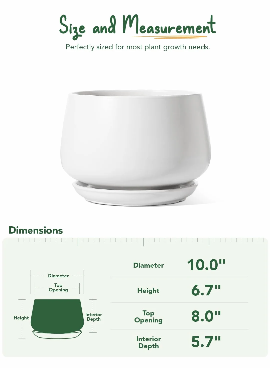 LE TAUCI Ceramiczna Doniczka 25 cm, Donica z Otworem Odpływowym i Podstawką, Zaokrąglony Design, do Salonu, Biura i Roślin Domowych, Biały