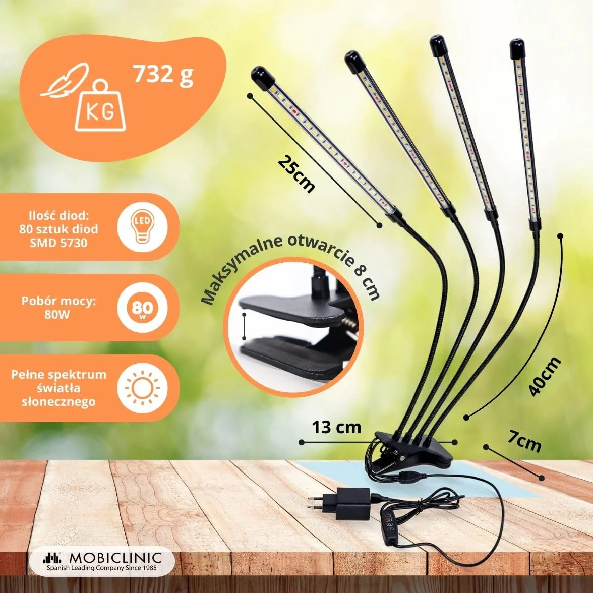 Mobiclinic Lampa Roślinna LED Growflex x4 80W Pełne Spektrum 6000K 10 Poziomów Jasności Obrót 360°