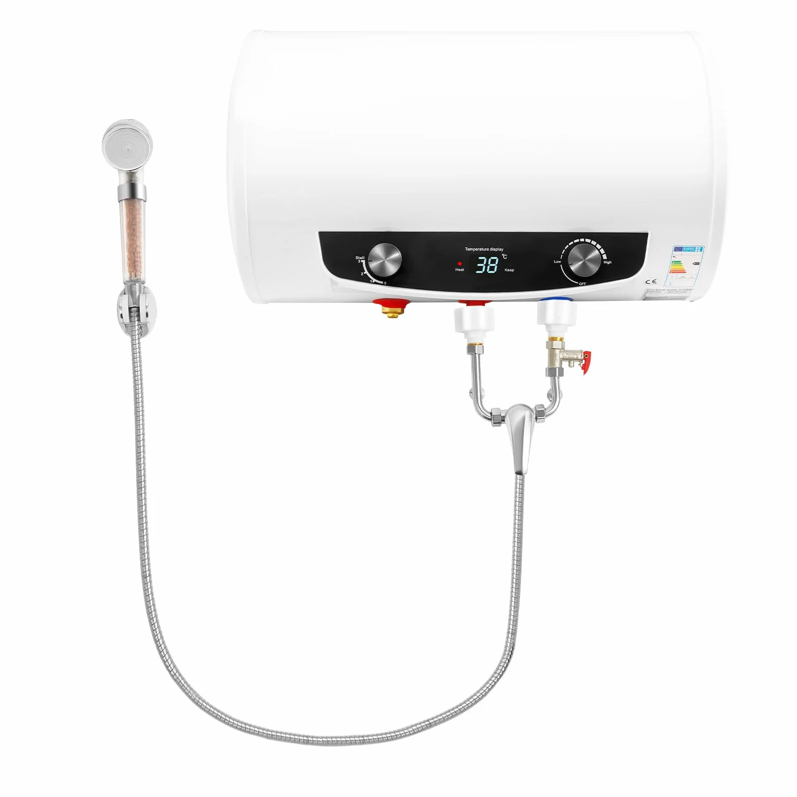 Elektryczny podgrzewacz wody o pojemności 50 l, podgrzewacz wody, poziomy podgrzewacz wody, łazienka, kuchnia, podgrzewacz wody ze słuchawką prysznicową, słuchawką prysznicową i wężem