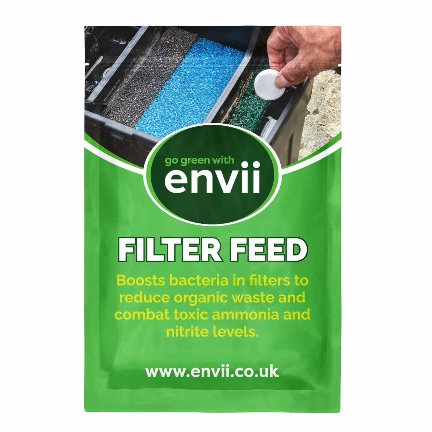 envii Filter Feed — Starter do czyszczenia filtra stawowego i środek wzmacniający bakterie Rozpoczęcie leczenia, bezpieczny dla wszystkich ryb i dzikich zwierząt — smakołyk 20 000 litrów