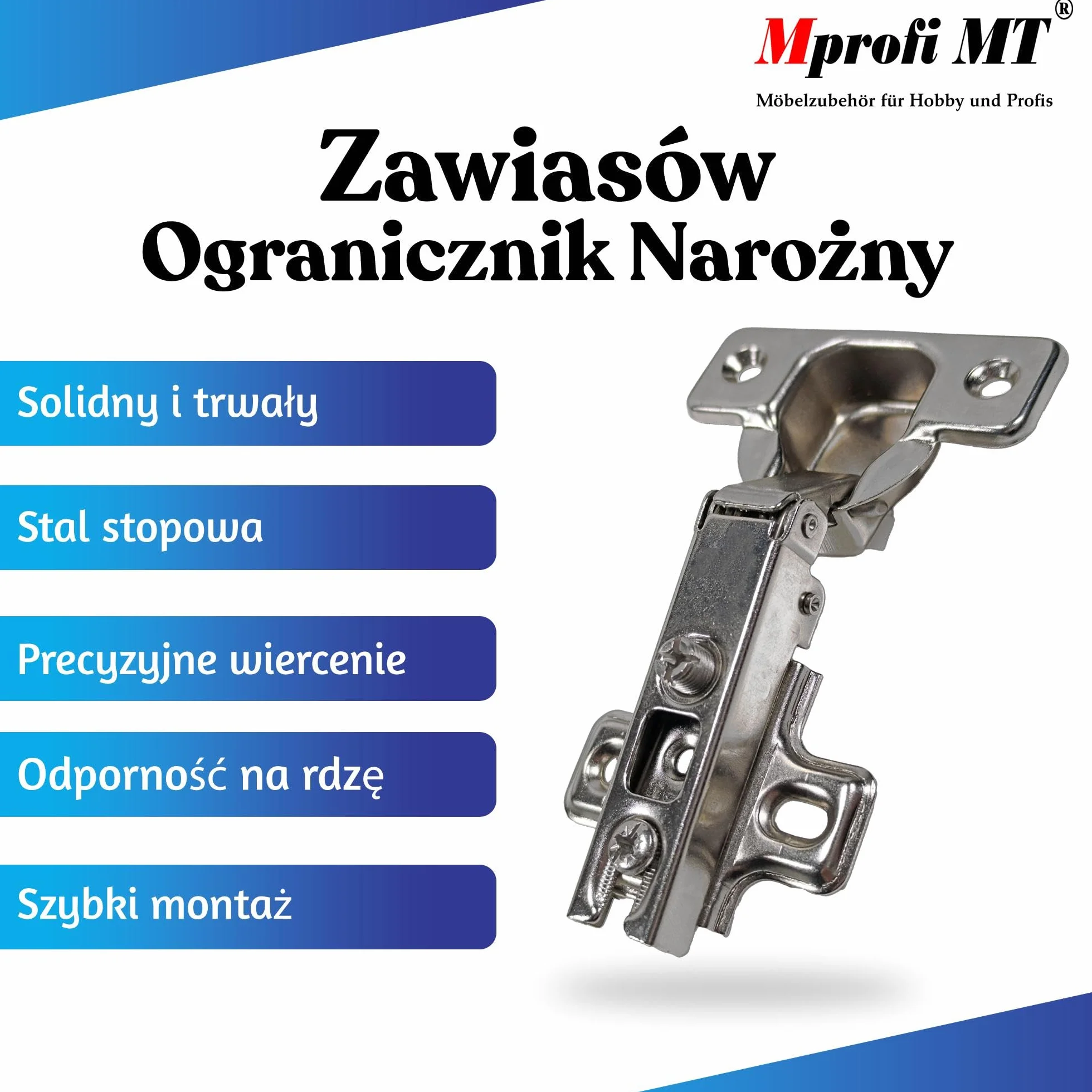 Mprofi MT® Zestaw 4 Zawiasów do Drzwi Szafy i Mebli - Ø 35 mm - do Szafek Kuchennych - Ogranicznik Narożny P/R/4