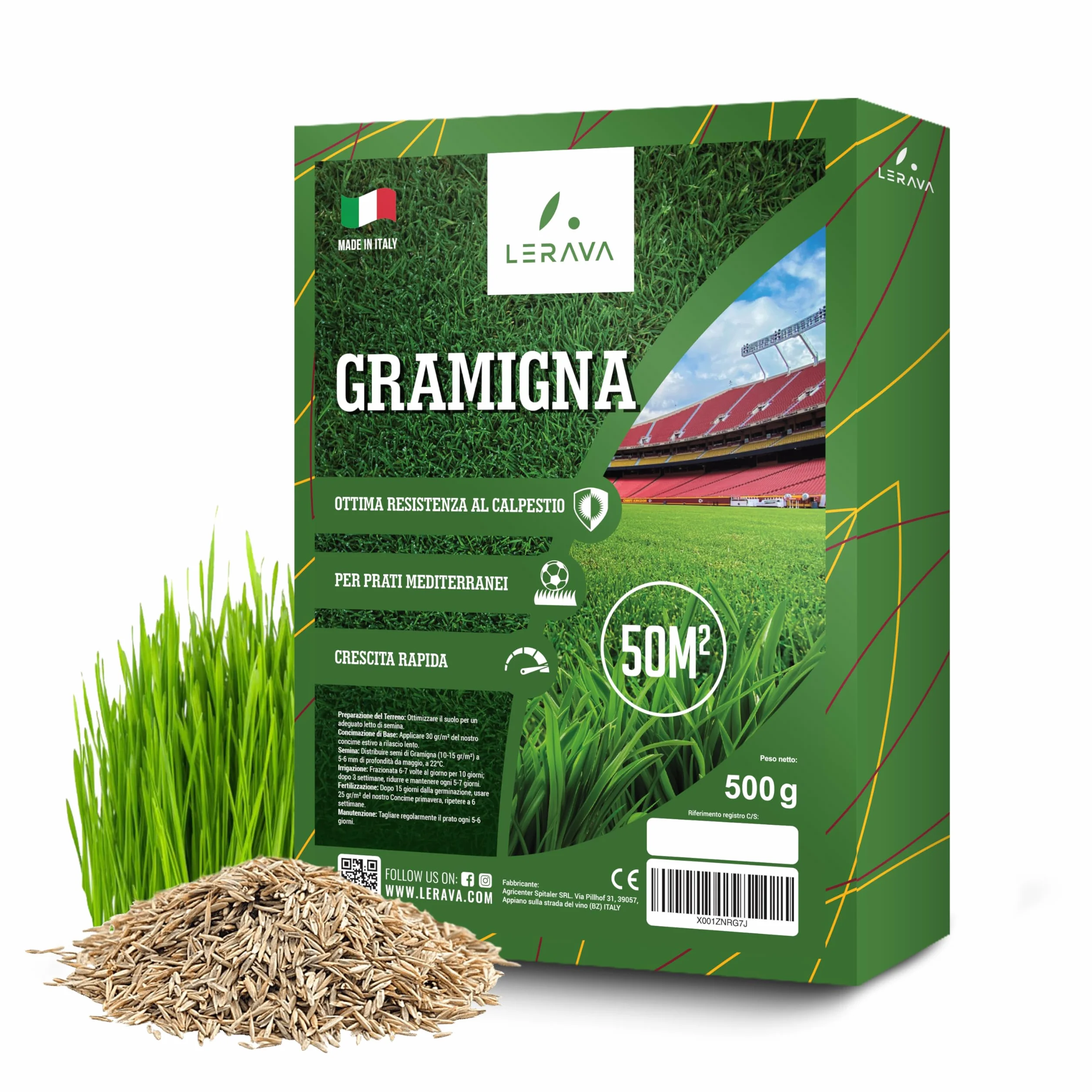 LERAVA Nasiona trawnika Cynodon dactylon (500 g) - Na 50 m² - Deptany i odporne na suszę - Idealne do trawników śródziemnomorskich i nadmorskich - Zużywa do 20% mniej wody - Made in Italy